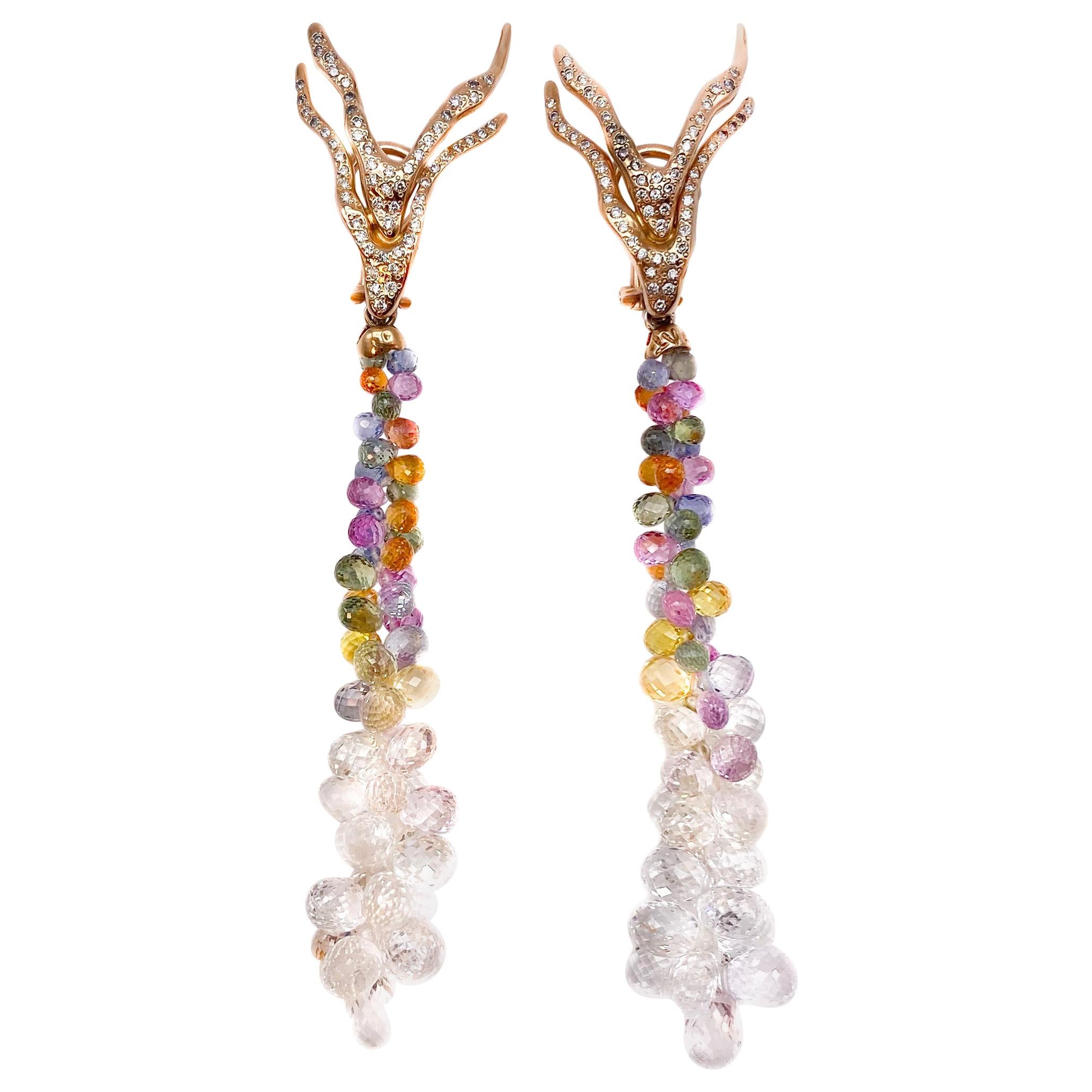 18 K Gold Earrings with Multi-Color Sapphires 78.68 Carat and Diamonds 0.15 ct