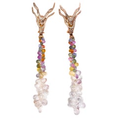 18 K Gold Earrings with Multi-Color Sapphires 78.68 Carat and Diamonds 0.15 ct