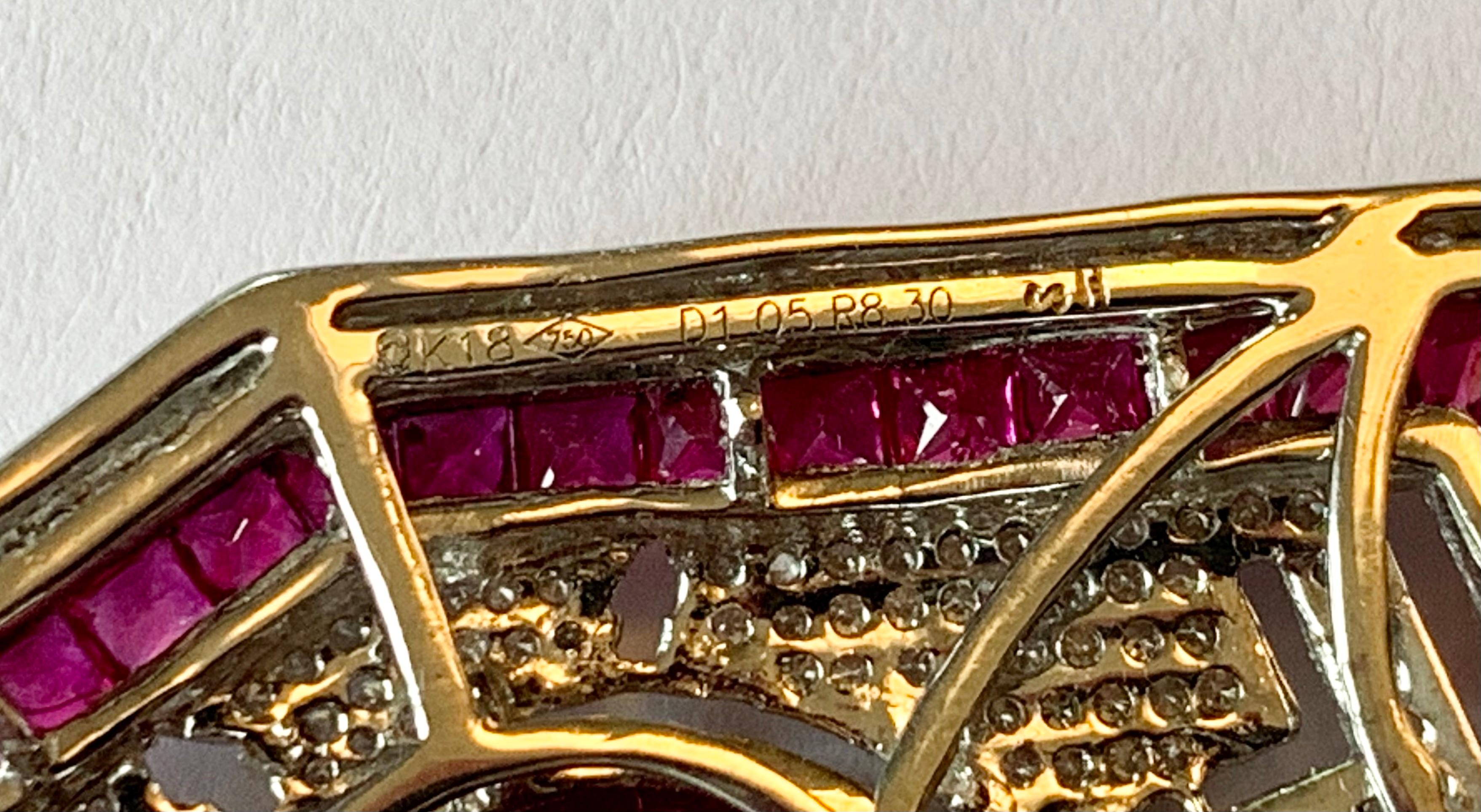 18 K Gold Filigree and Milgrain Art Deco Style Ruby Diamonds Brooch/Pendant For Sale 7