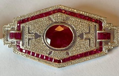 18 K Gold Filigree and Milgrain Art Deco Style Ruby Diamonds Brooch/Pendant