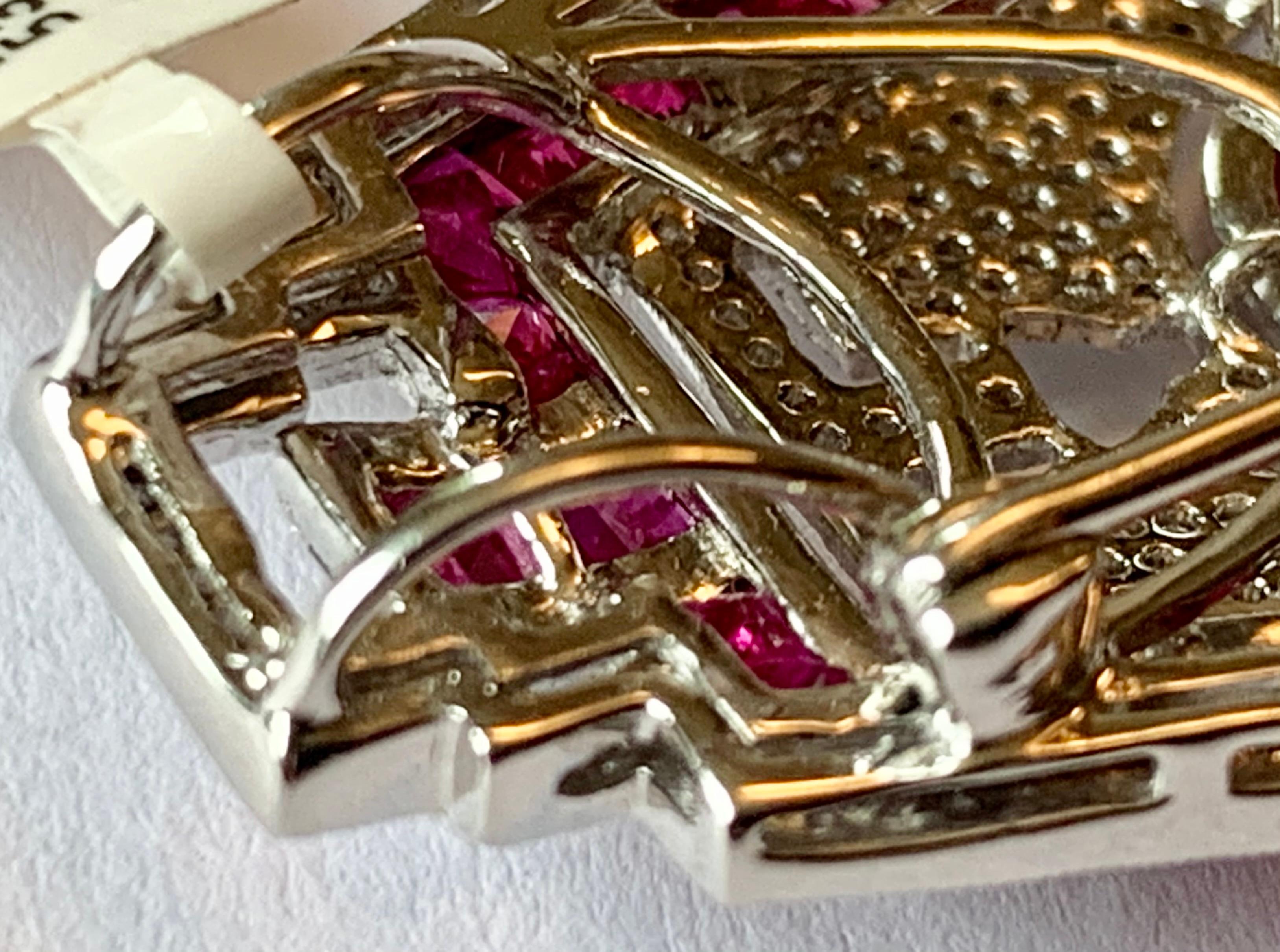 18 K Gold Filigree and Milgrain Art Deco Style Ruby Diamonds Brooch/Pendant For Sale 4