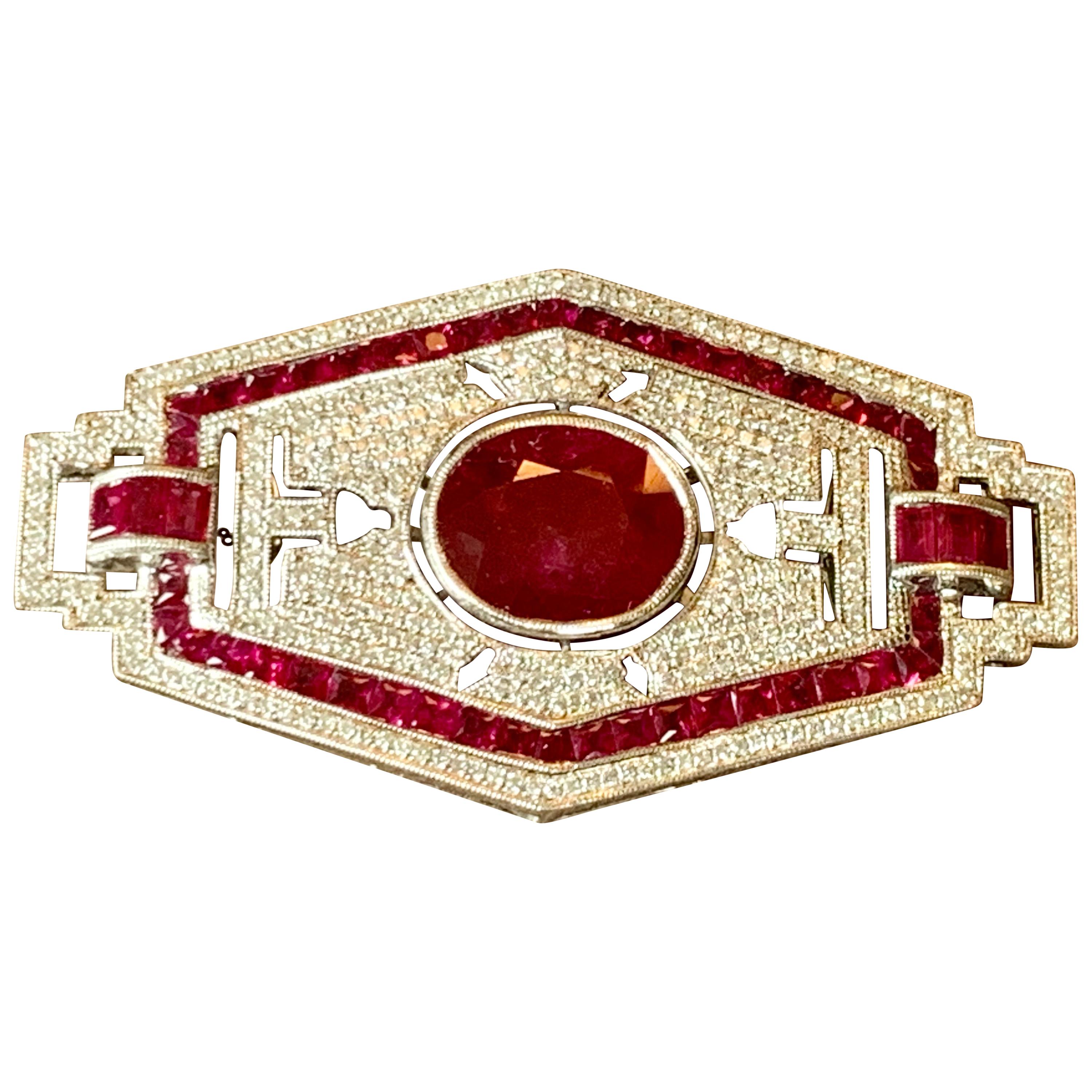 18 K Gold Filigree and Milgrain Art Deco Style Ruby Diamonds Brooch/Pendant For Sale