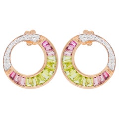 Boucles d'oreilles de style Art déco en or 18 carats avec péridots, tourmalines roses et diamants baguettes