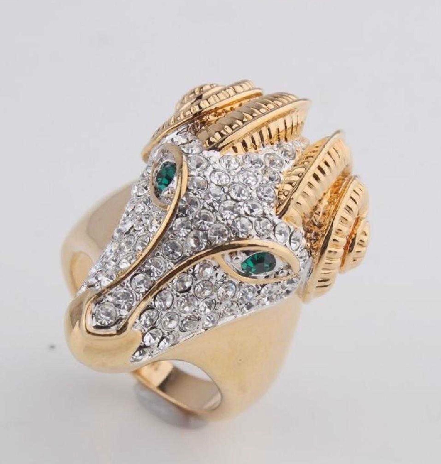 18 K Gold Plate Ram Head Ring-CZ Pave Face Green Faux Emerald Eyes In Excellent Condition For Sale In West Palm Beach, FL