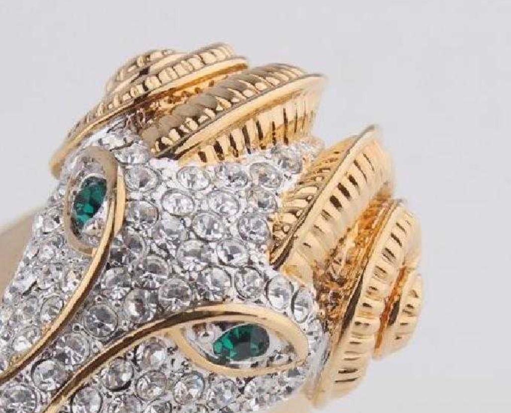 Women's or Men's 18 K Gold Plate Ram Head Ring-CZ Pave Face Green Faux Emerald Eyes For Sale