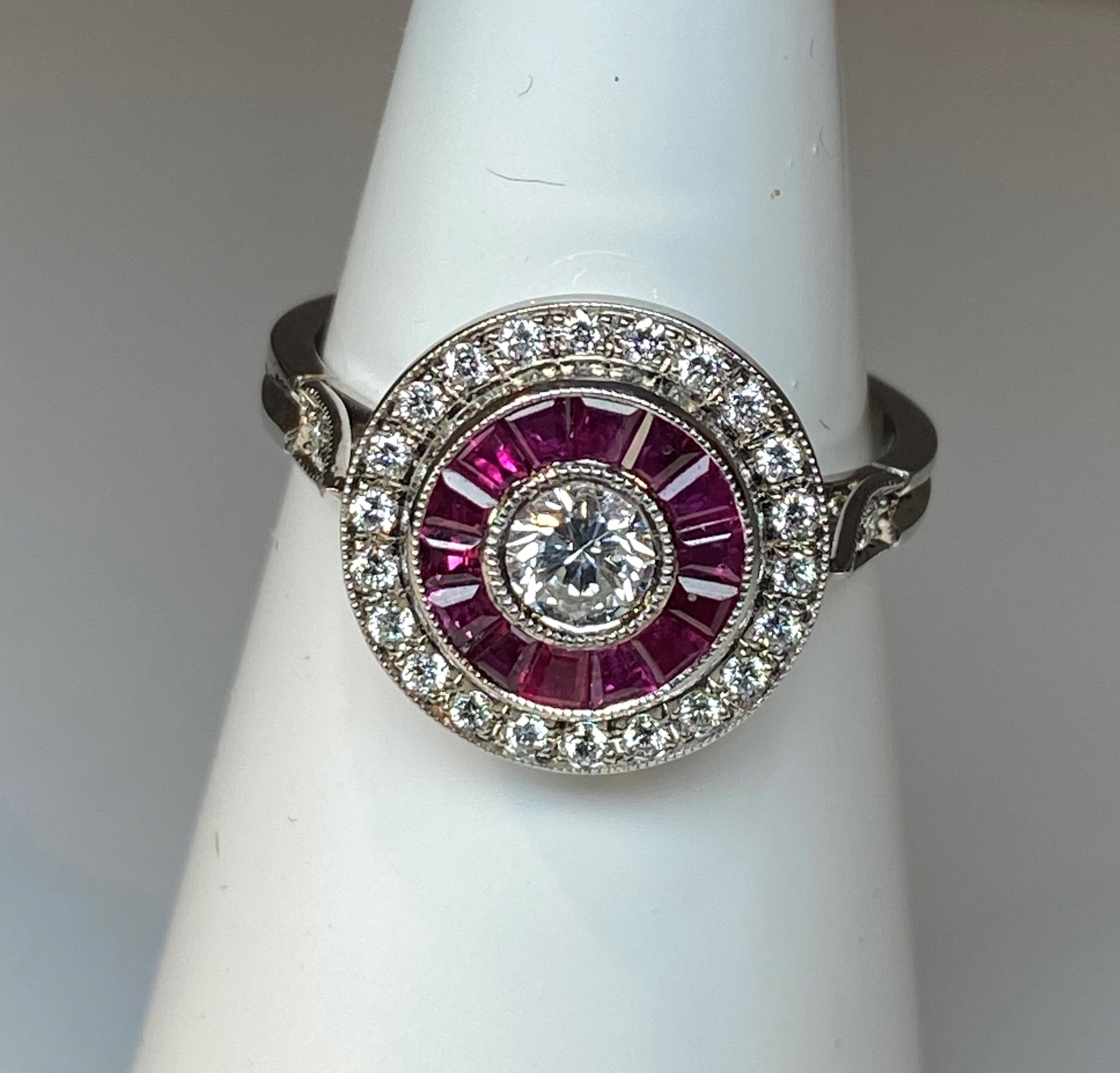 18k Gold Ring in Art Deco Style Set with Diamonds and Calibrated Rubies For Sale 7