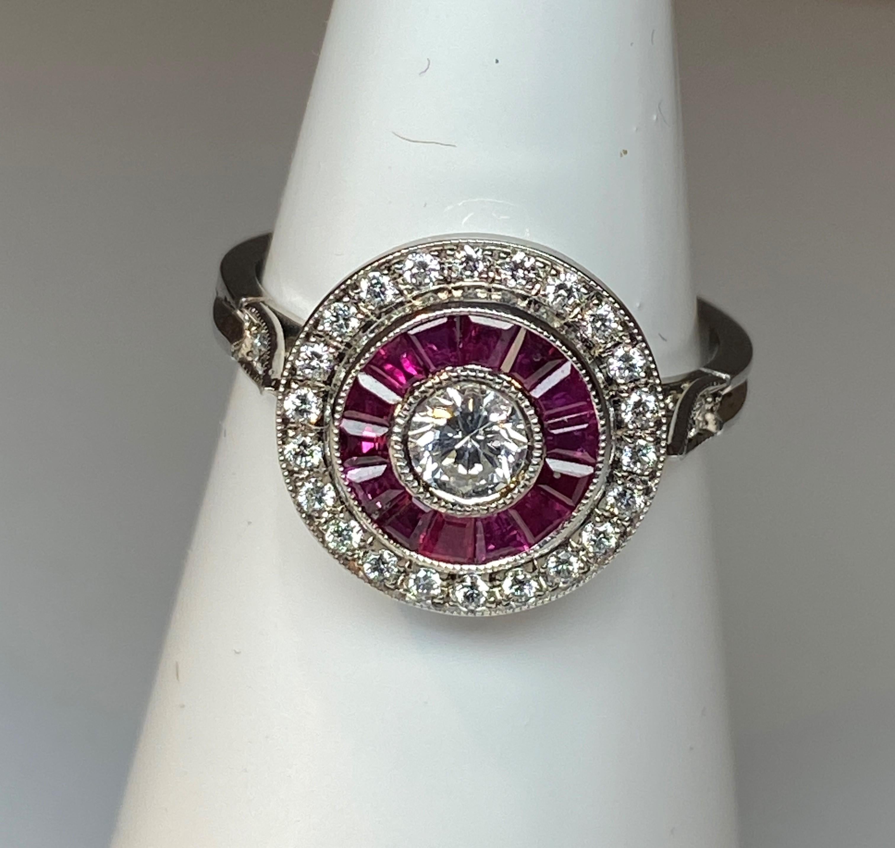 18k Gold Ring in Art Deco Style Set with Diamonds and Calibrated Rubies For Sale 10
