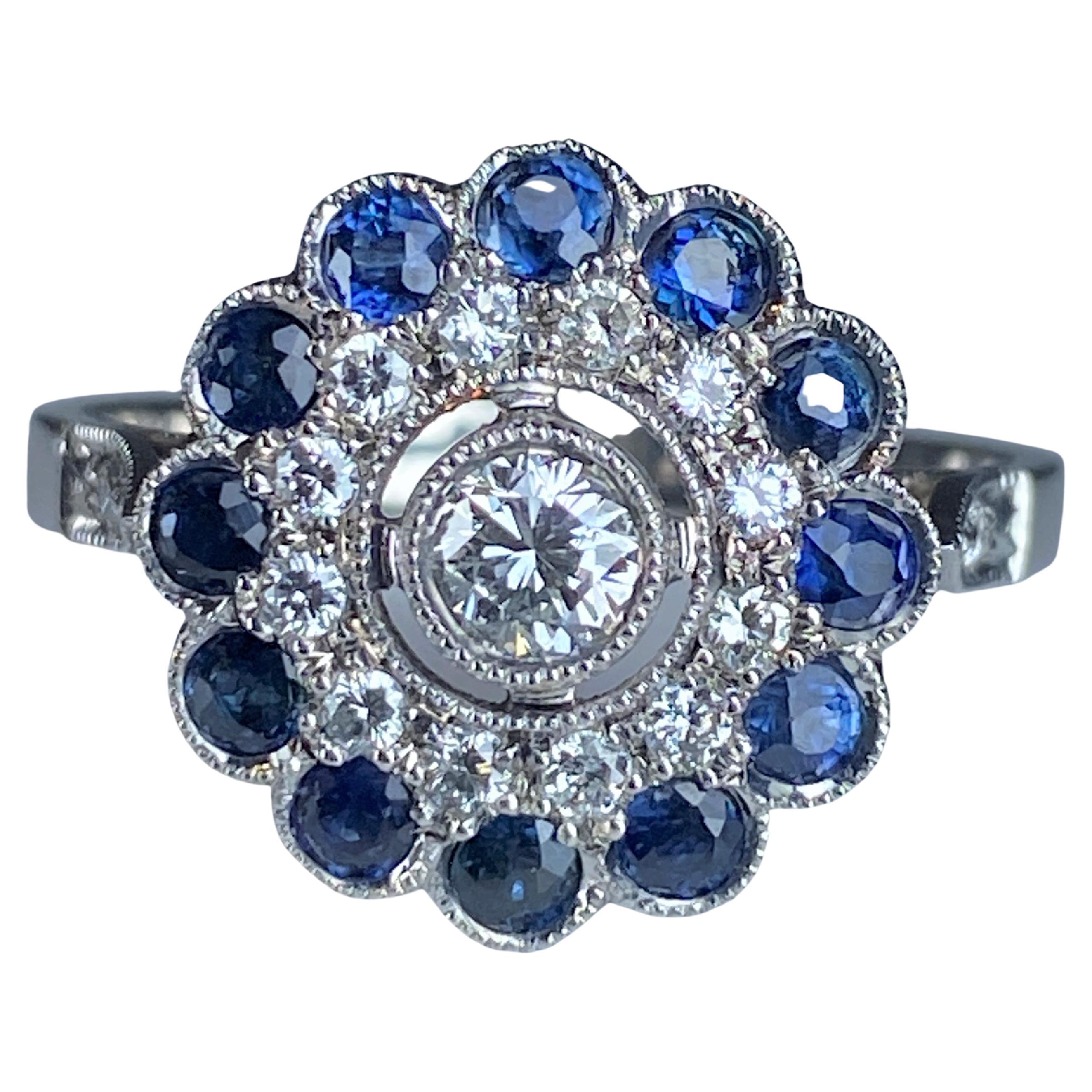 18K Gold Ring in Art Deco Style Set with Sapphires and Diamonds