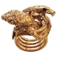 18 K Gold Snake Ring Old Mine Diamond 1.50 Carat Ruby Cabochion Cocktail Ring