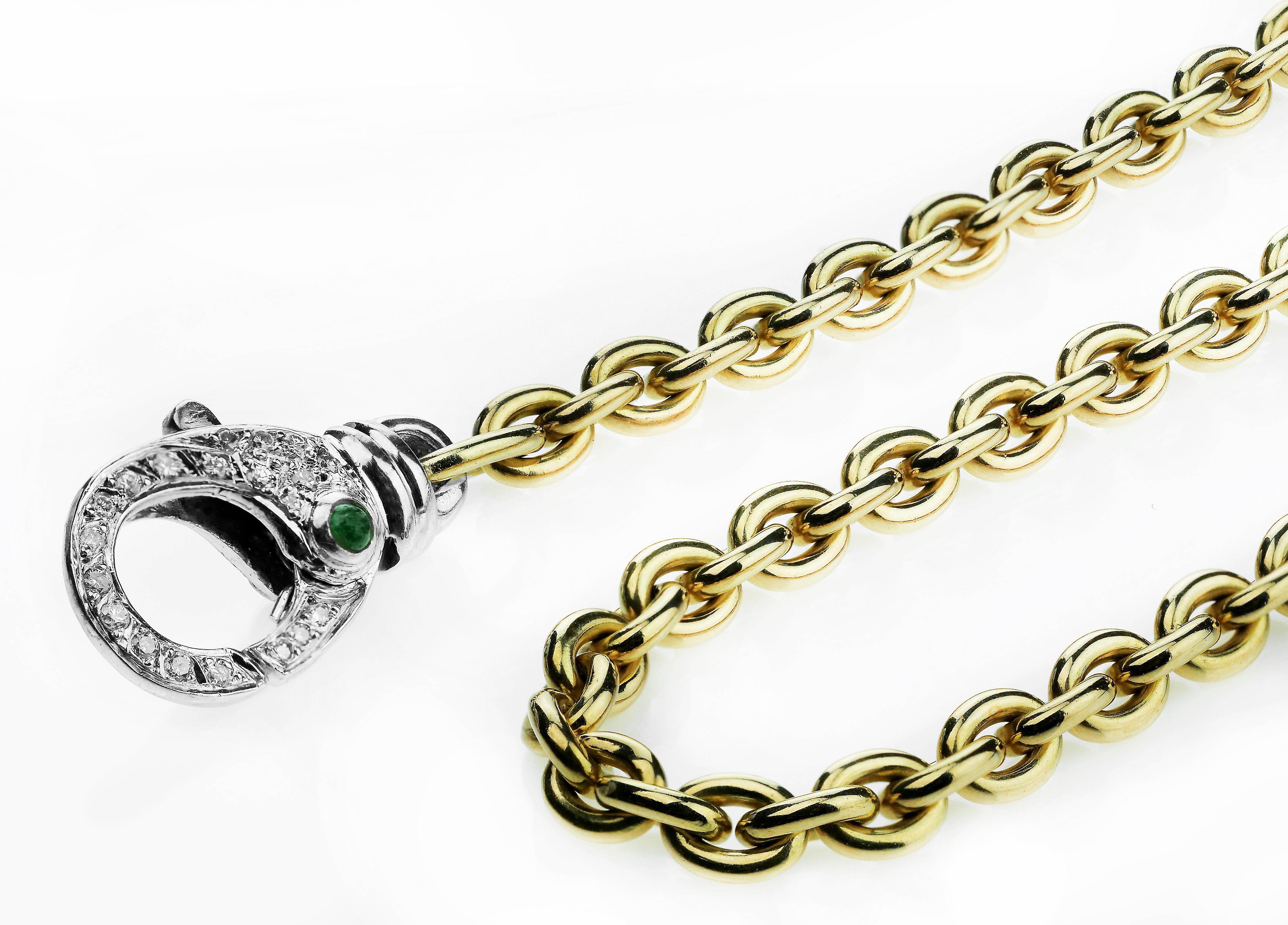 Modern Gold Chain, 18 Carat Yellow Gold Oval Link, Diamond Sapphire & Emerald Clasp