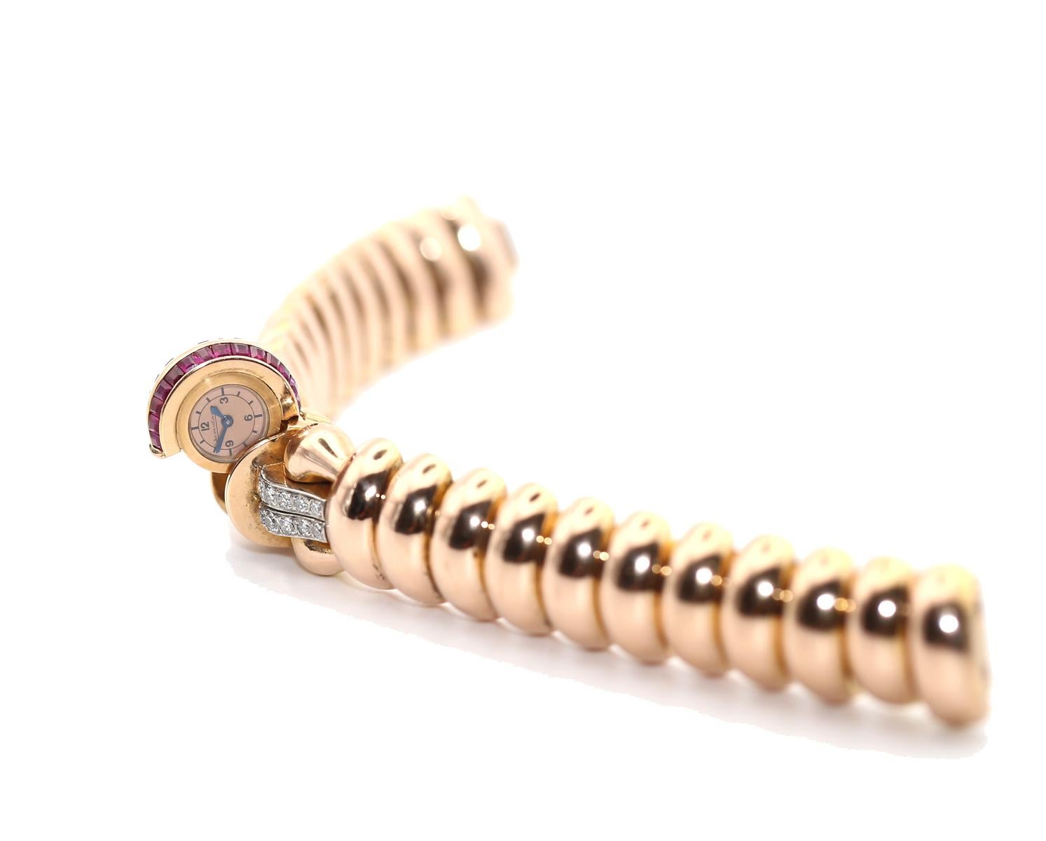 18K Gold Heavy Bracelet Jaeger LeCoulter Concealed Watch Diamonds Rubies, 1945 5