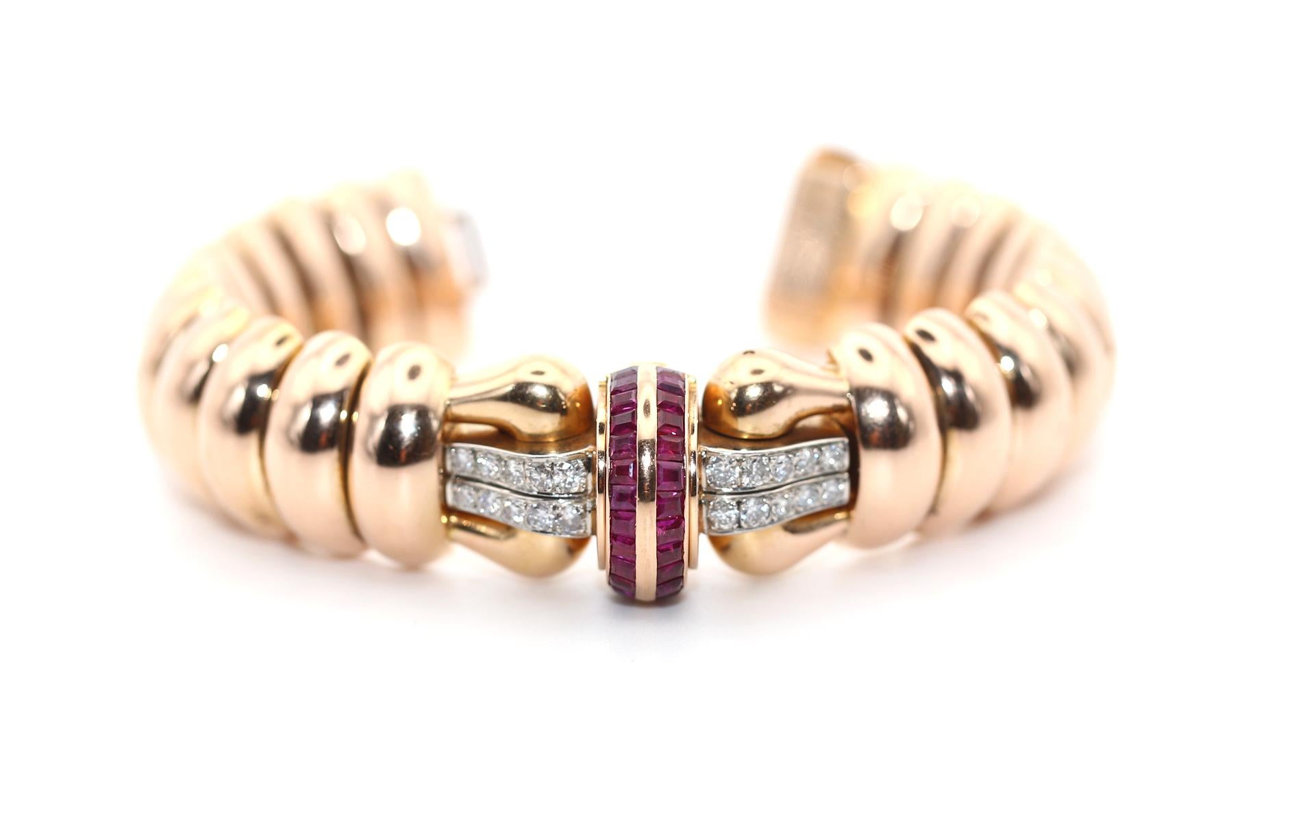 18K Gold Heavy Bracelet Jaeger LeCoulter Concealed Watch Diamonds Rubies, 1945 6