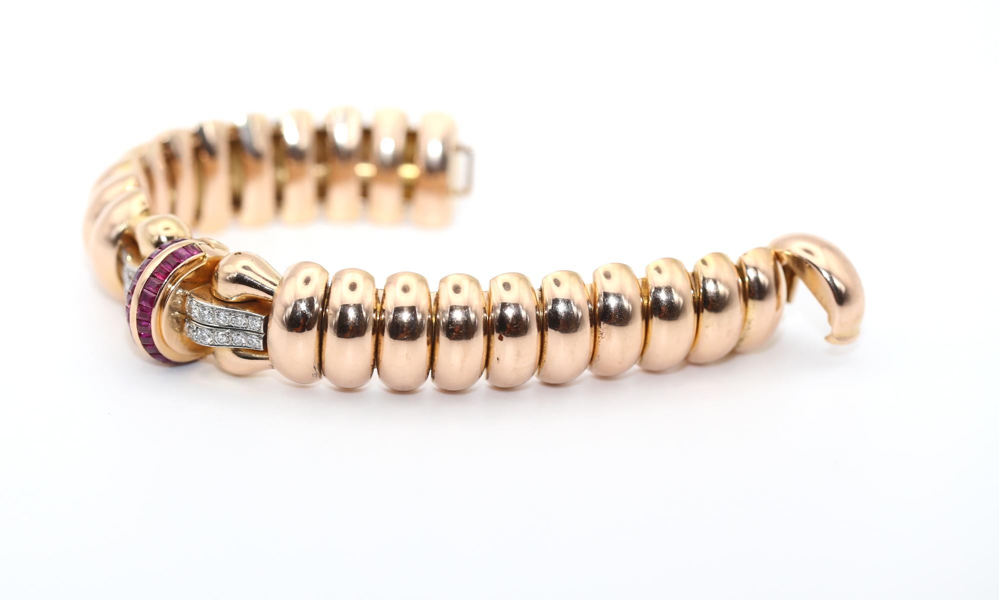 18K Gold Heavy Bracelet Jaeger LeCoulter Concealed Watch Diamonds Rubies, 1945 3