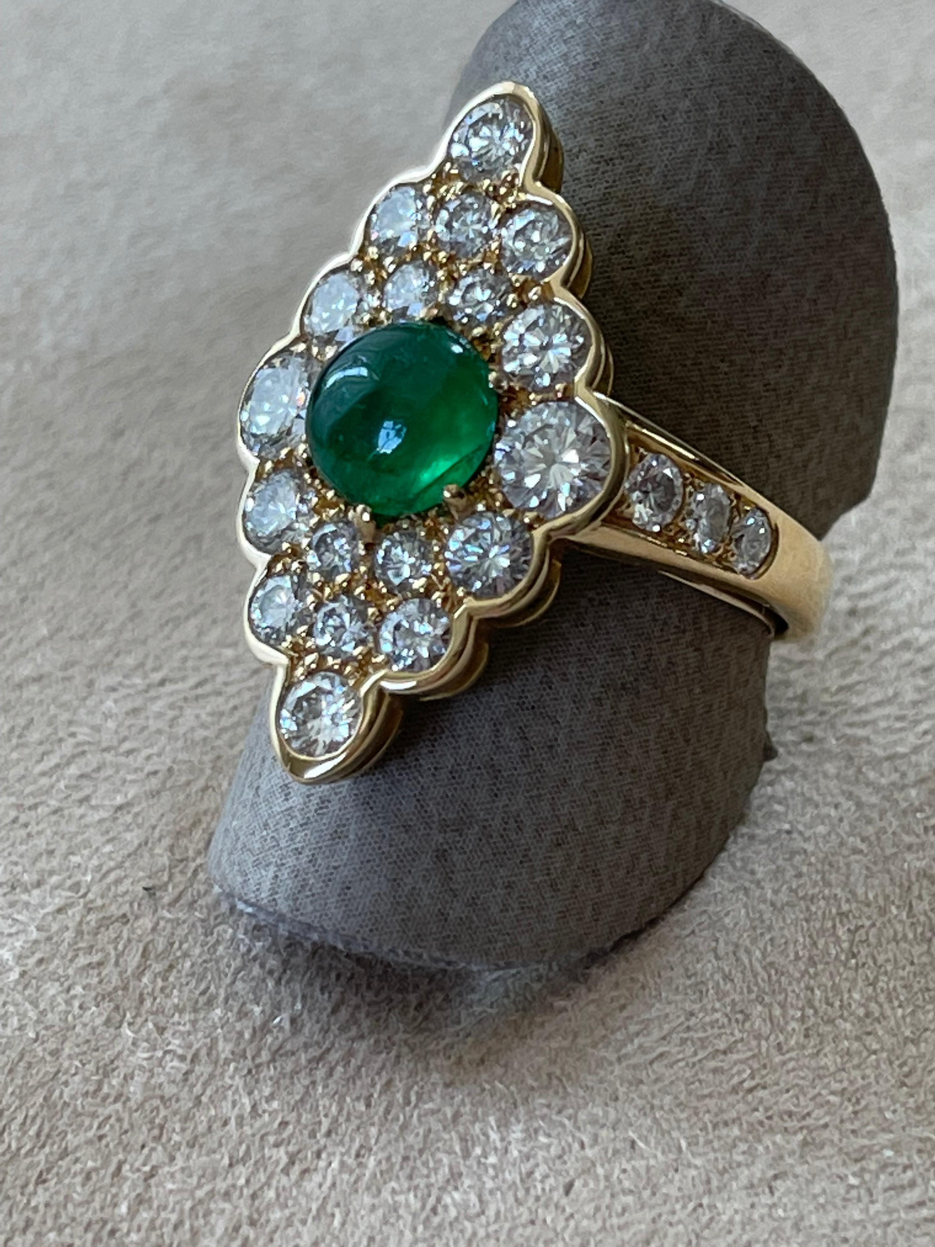 Brilliant Cut 18 K Gold Vintage Victorian Style Marquise Shaped Diamond Emerald Cluster Ring For Sale