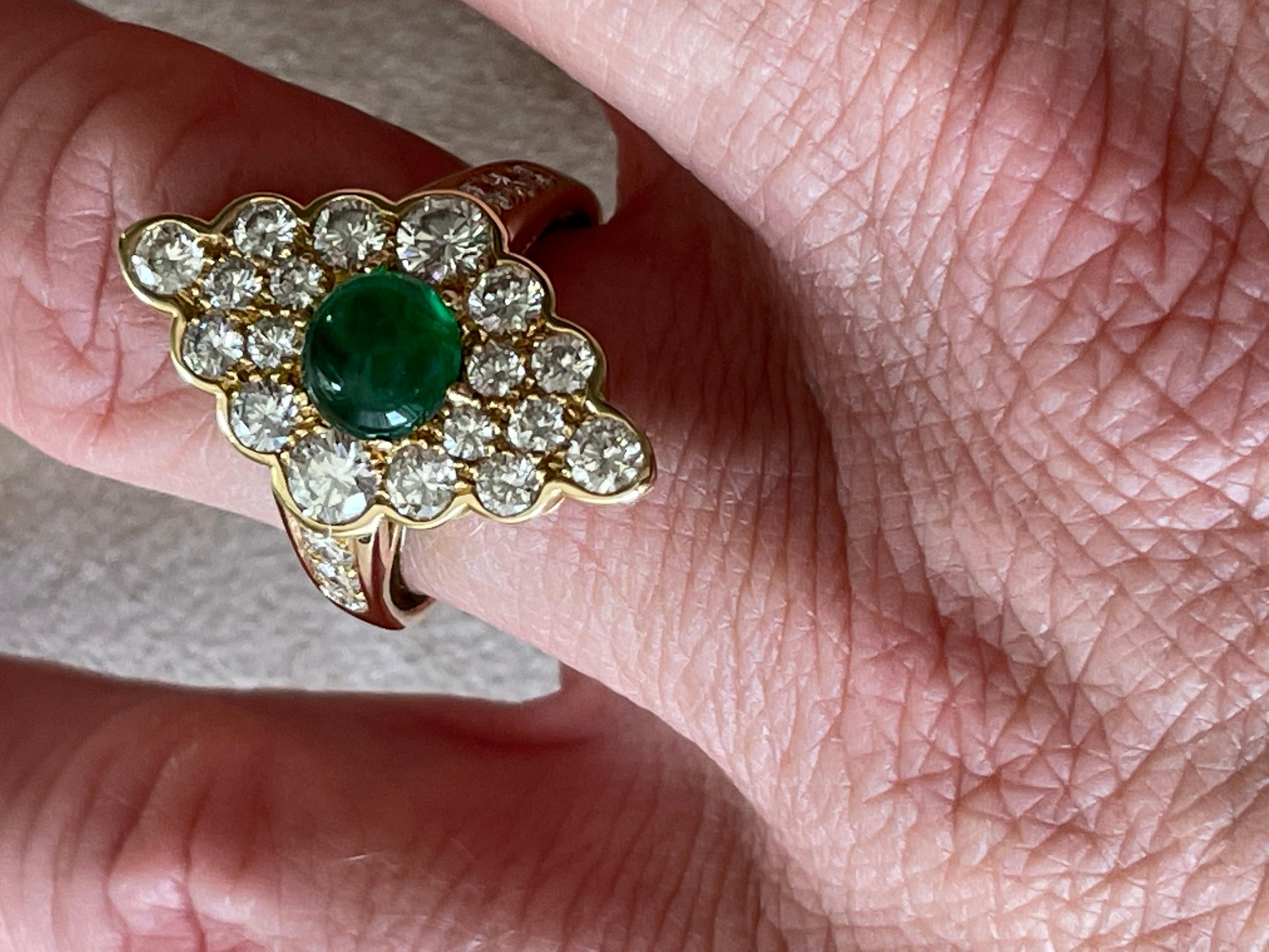 18 K Gold Vintage Victorian Style Marquise Shaped Diamond Emerald Cluster Ring For Sale 1