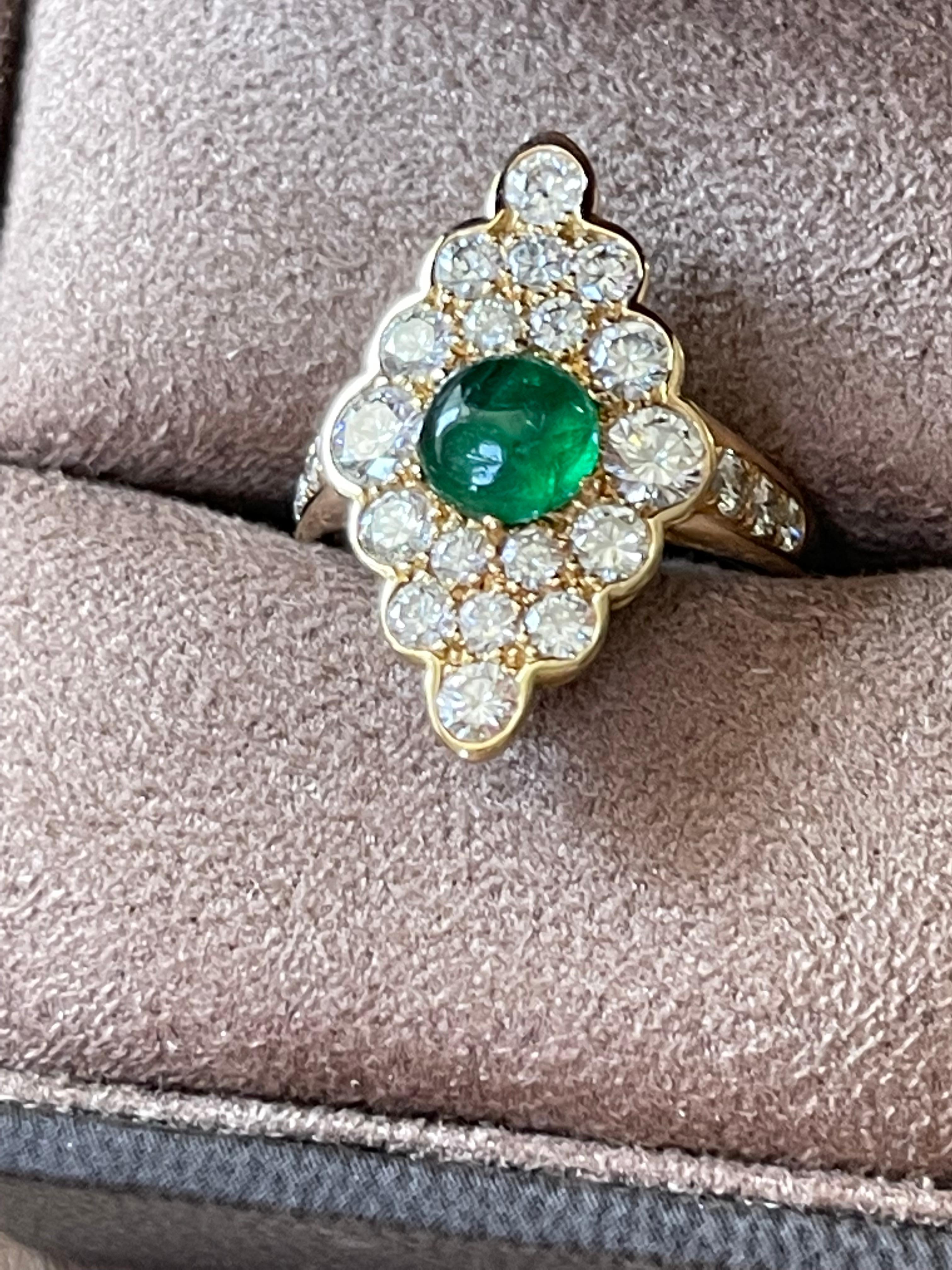 18 K Gold Vintage Victorian Style Marquise Shaped Diamond Emerald Cluster Ring For Sale 2