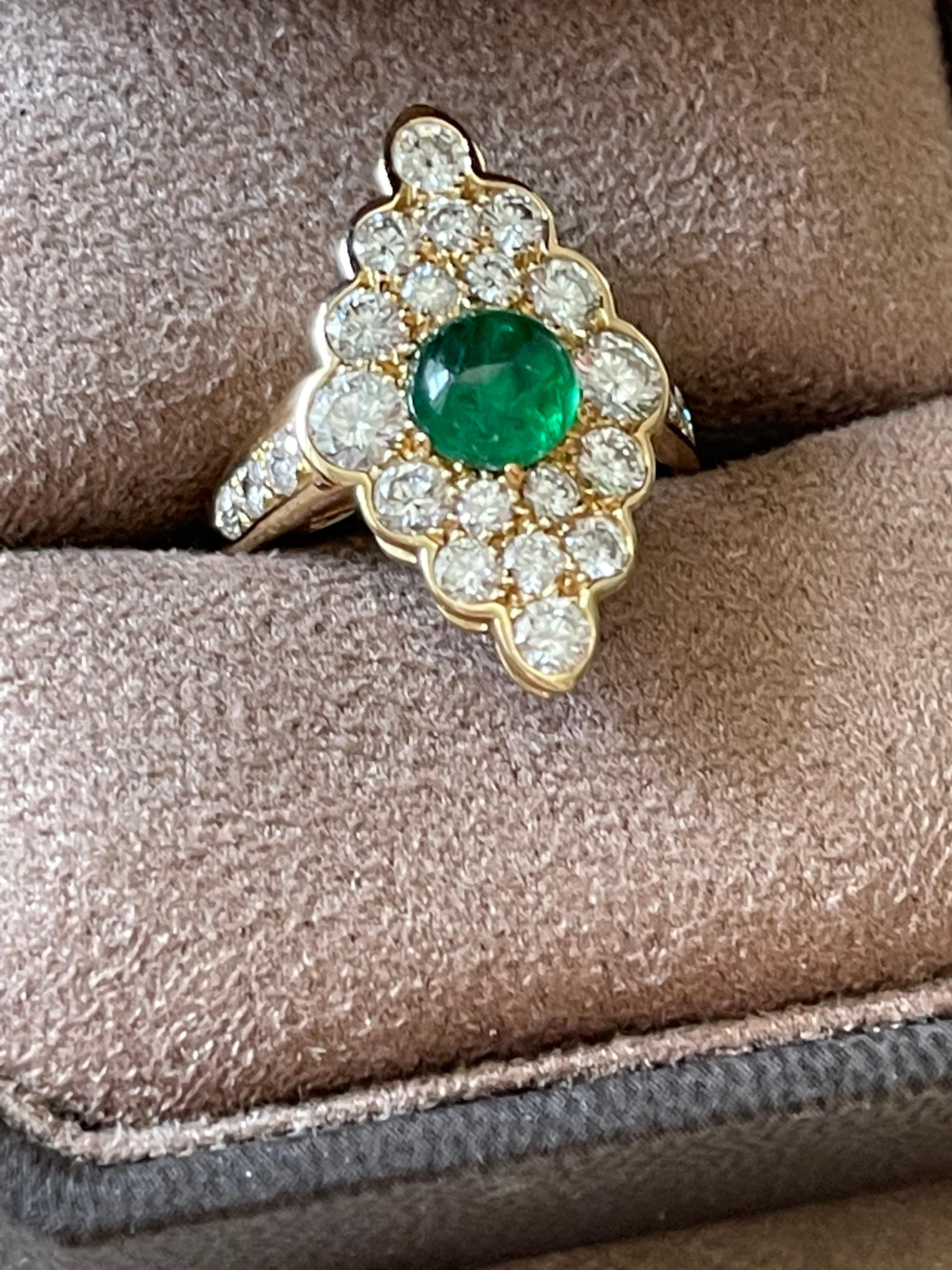 18 K Gold Vintage Victorian Style Marquise Shaped Diamond Emerald Cluster Ring For Sale 3
