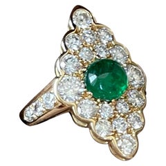 18 K Gold Retro Victorian Style Marquise Shaped Diamond Emerald Cluster Ring