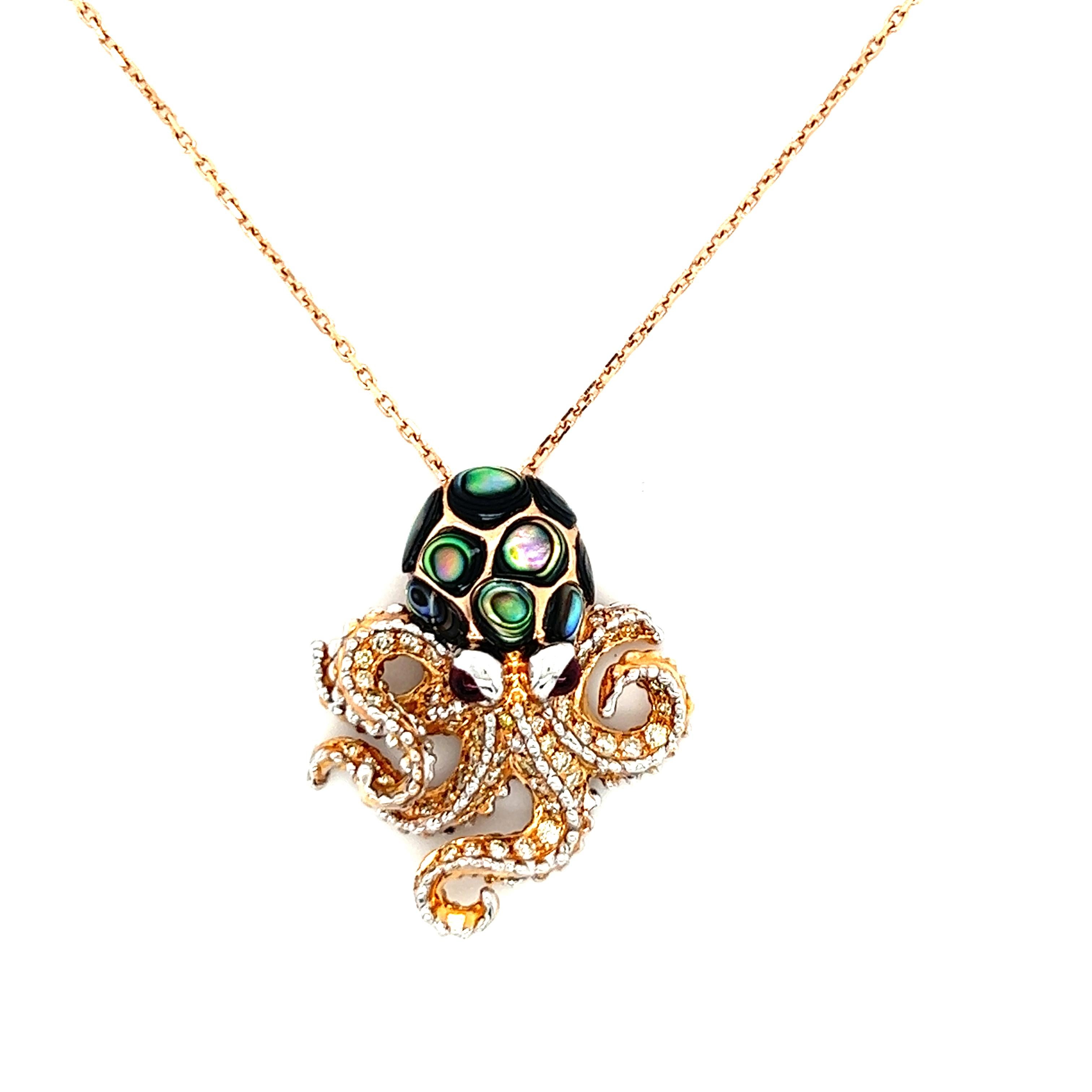 18 K Rose Gold Abalone Shell Diamonds Octopus Pendant Necklace

9 Abalone Shells 1.29 CT
60 Fancy Diamonds 0.45 CT
2 Rubies 0.25 CT
18 K Rose Gold 7.28 GM

The Abalone Shell Represents The Oceans Healing Energy. Using Abalone Generates A Feeling Of
