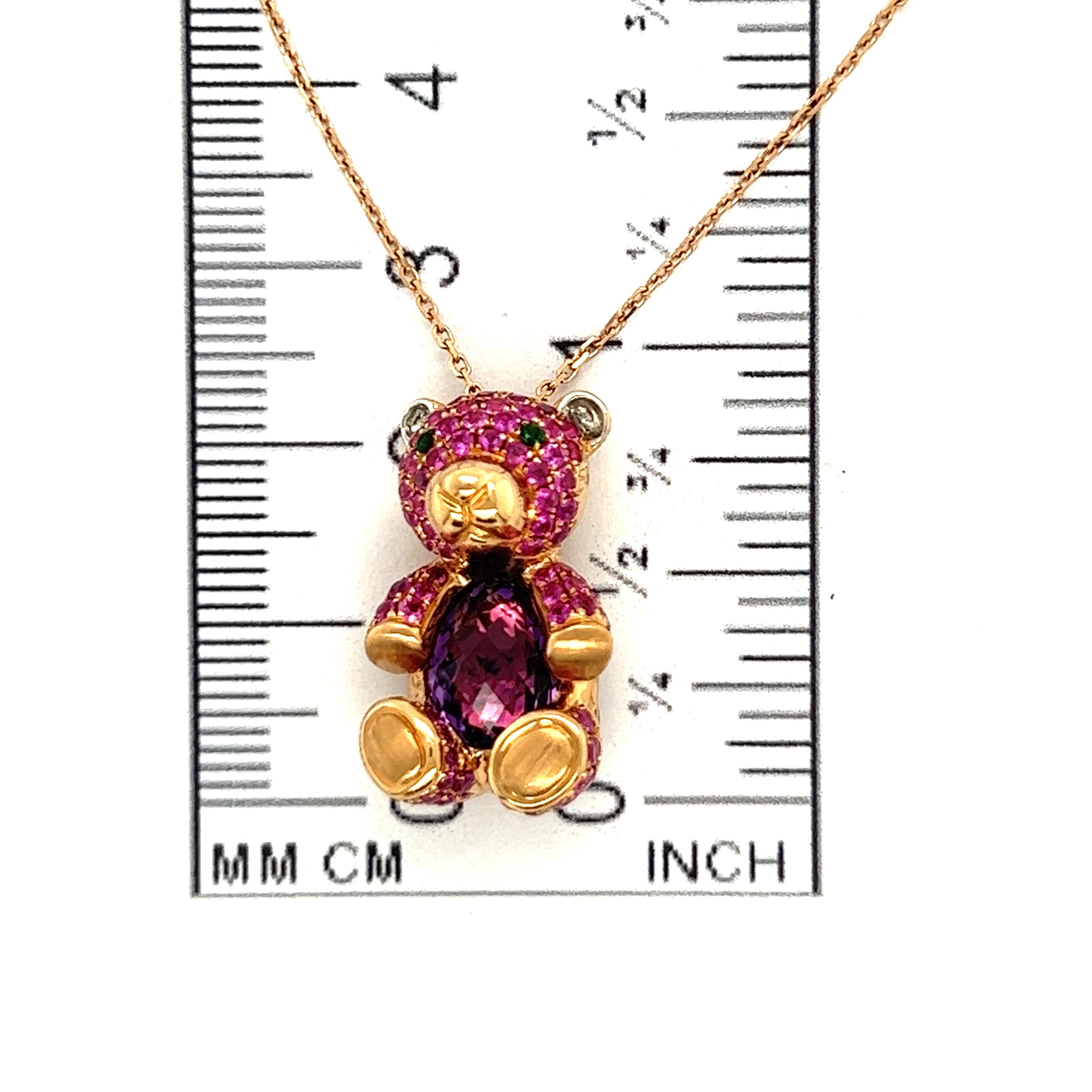 Round Cut 18 K Rose Gold Amethyst Bear Pendant Necklace For Sale