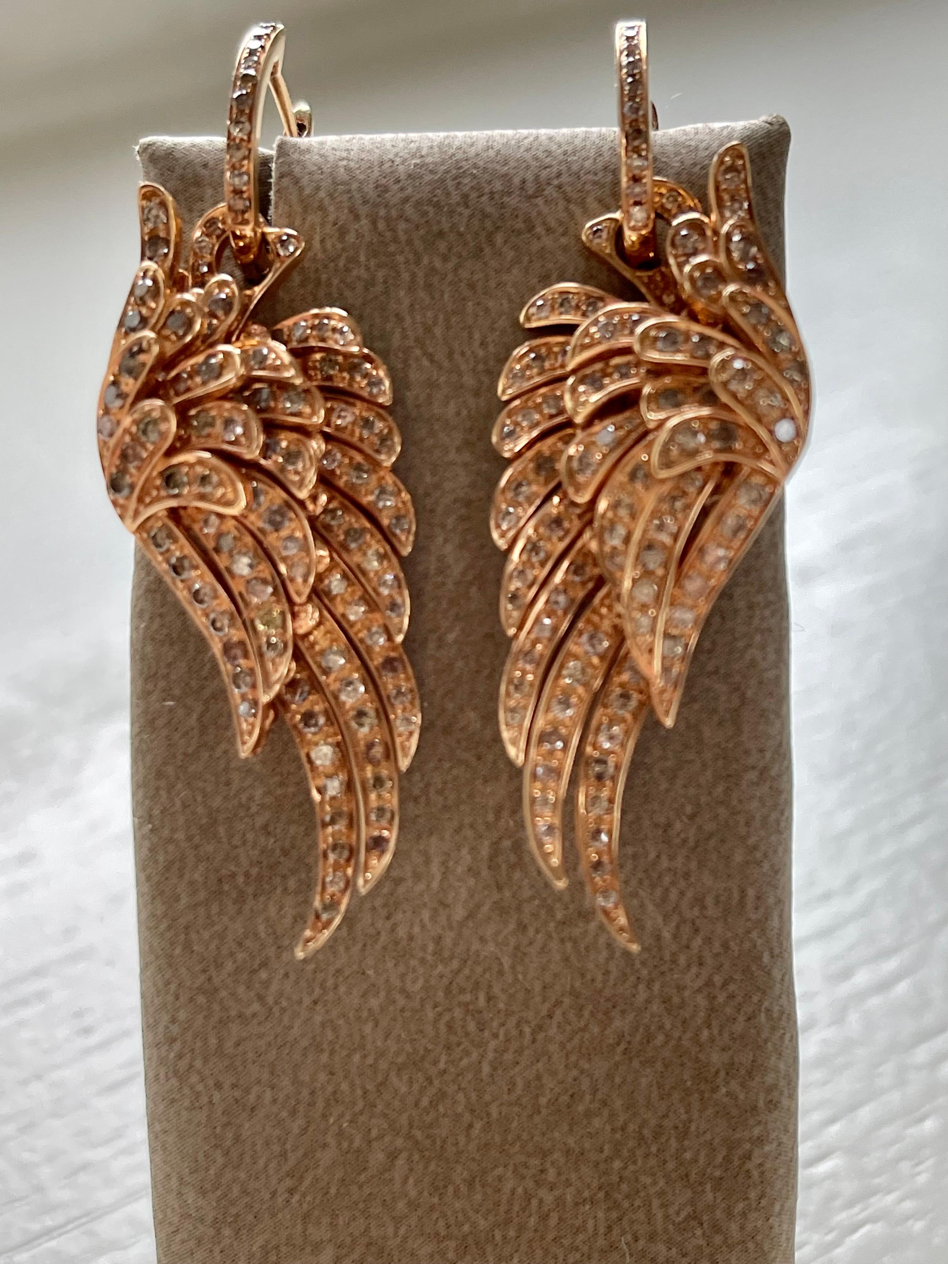 18 K Rose Gold Angel Wing Earrings Brown Diamonds For Sale 1