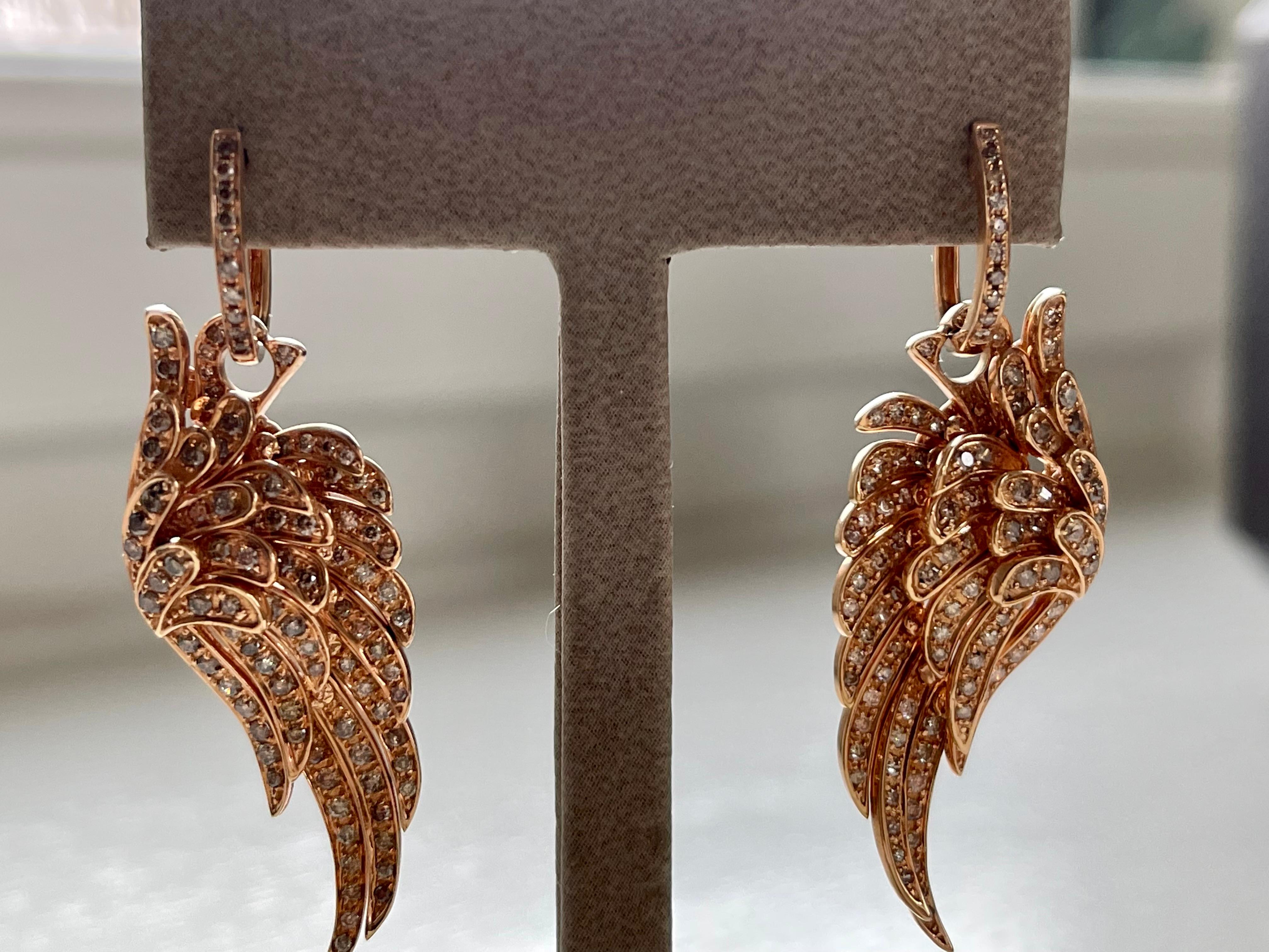 18 K Rose Gold Angel Wing Earrings Brown Diamonds For Sale 2