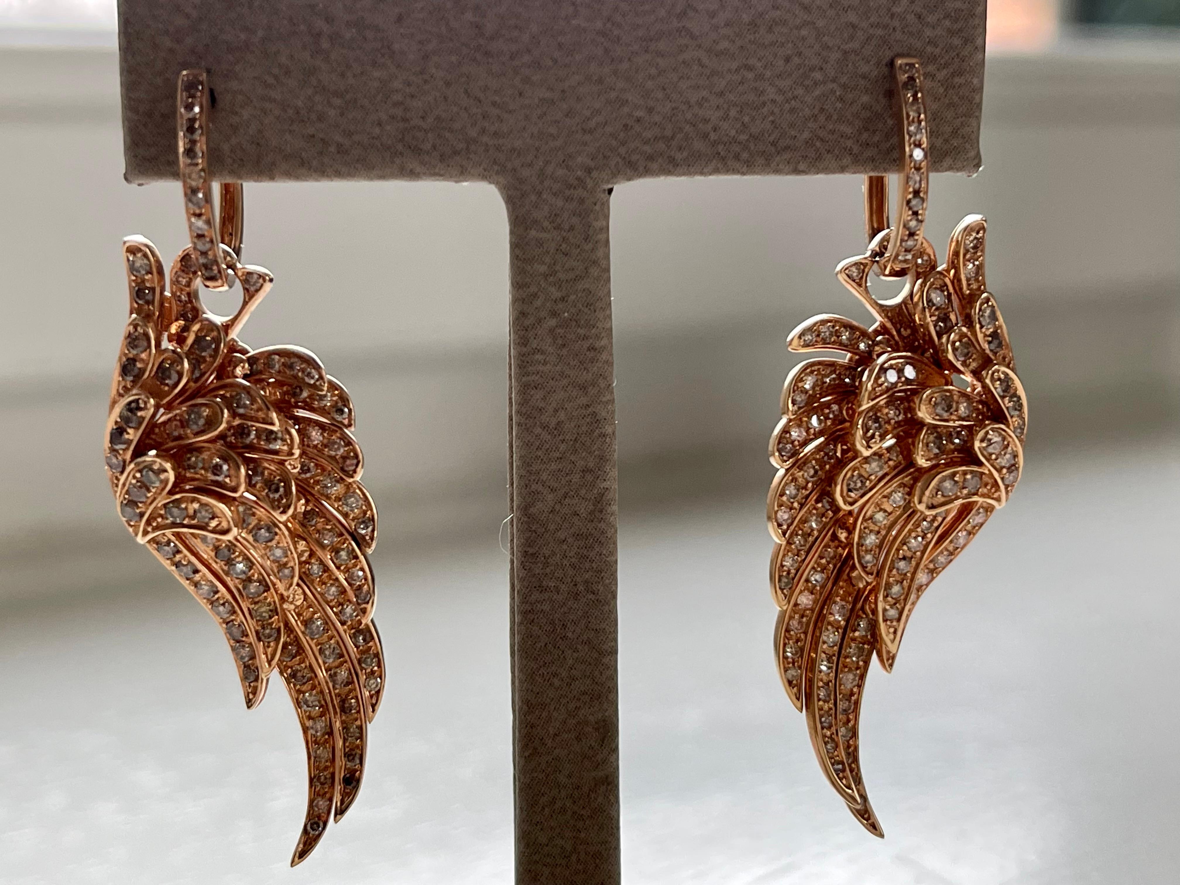 18 K Rose Gold Angel Wing Earrings Brown Diamonds For Sale 3