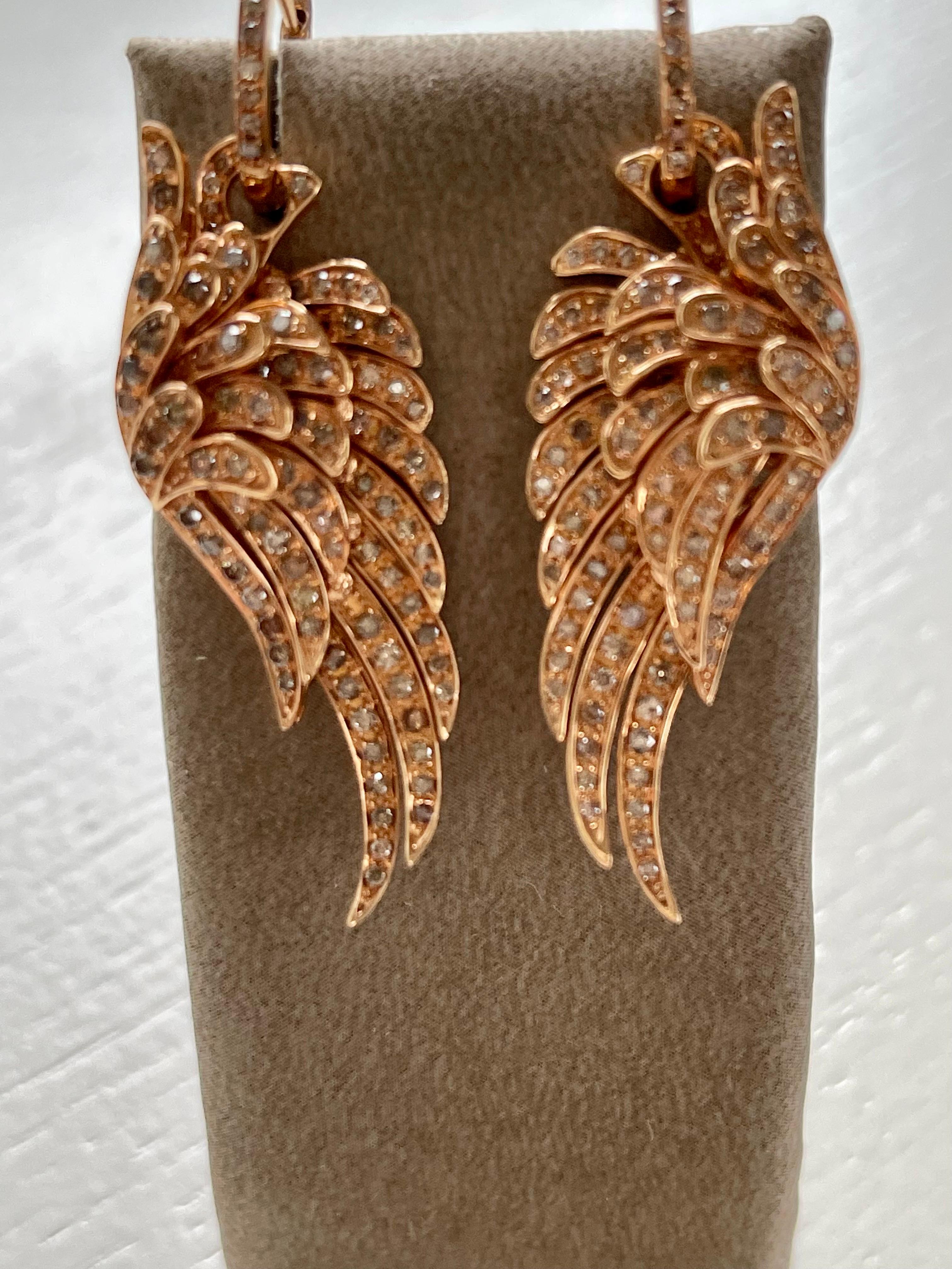 Brilliant Cut 18 K Rose Gold Angel Wing Earrings Brown Diamonds For Sale