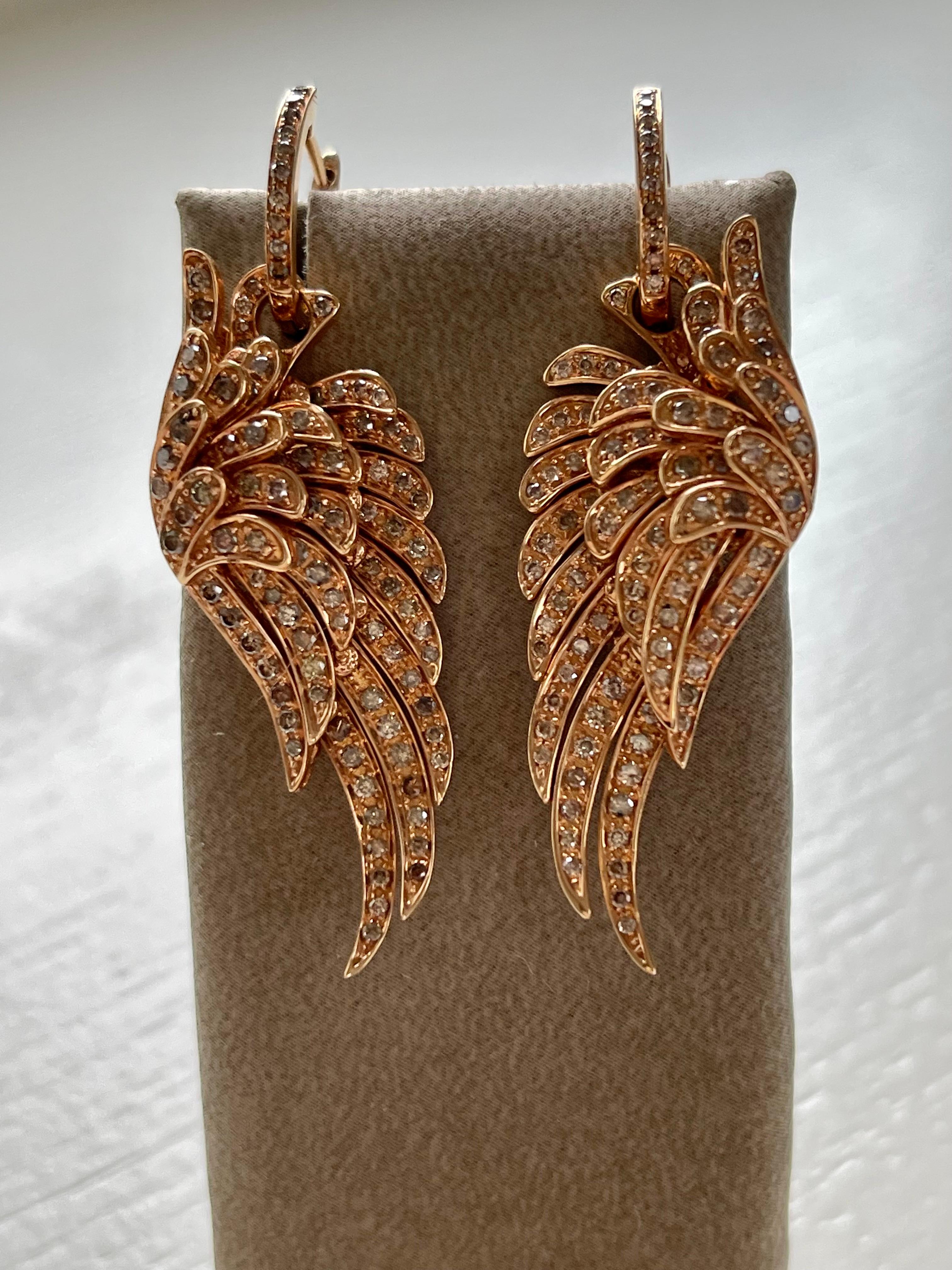 Women's 18 K Rose Gold Angel Wing Earrings Brown Diamonds For Sale