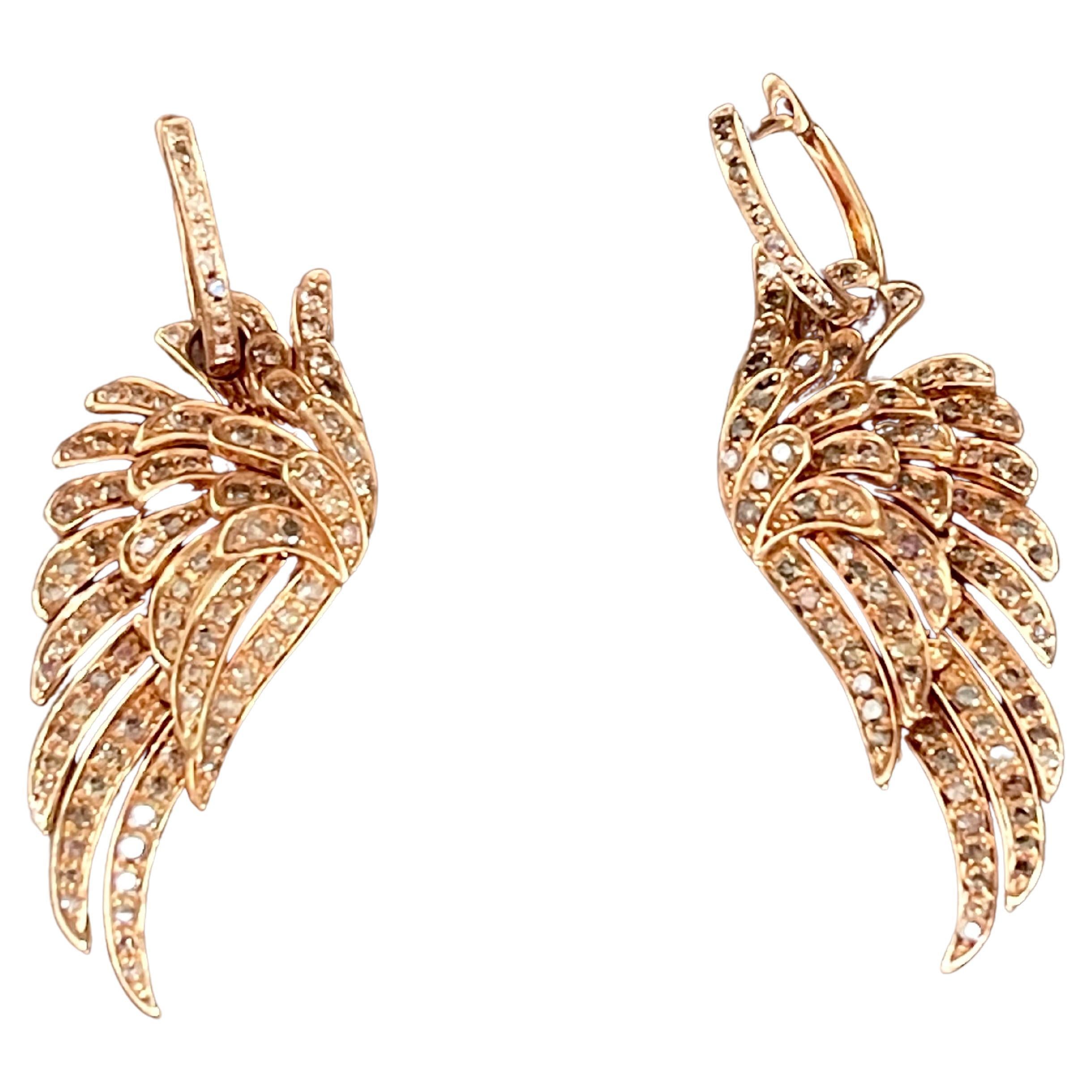 18 K Rose Gold Angel Wing Earrings Brown Diamonds