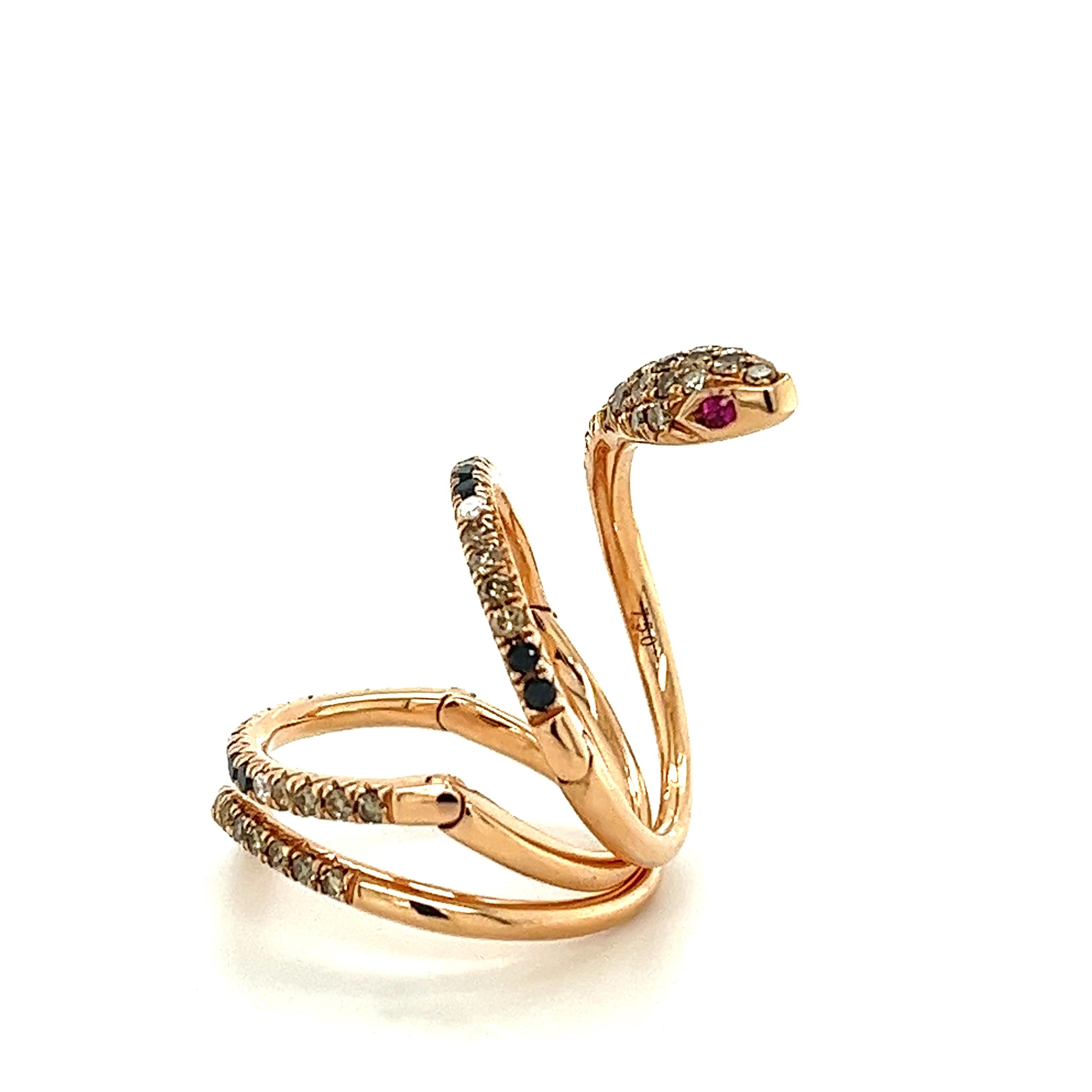 18 K Rose Gold Schwarze Diamanten & braune Diamanten Schlangenring  (Moderne) im Angebot