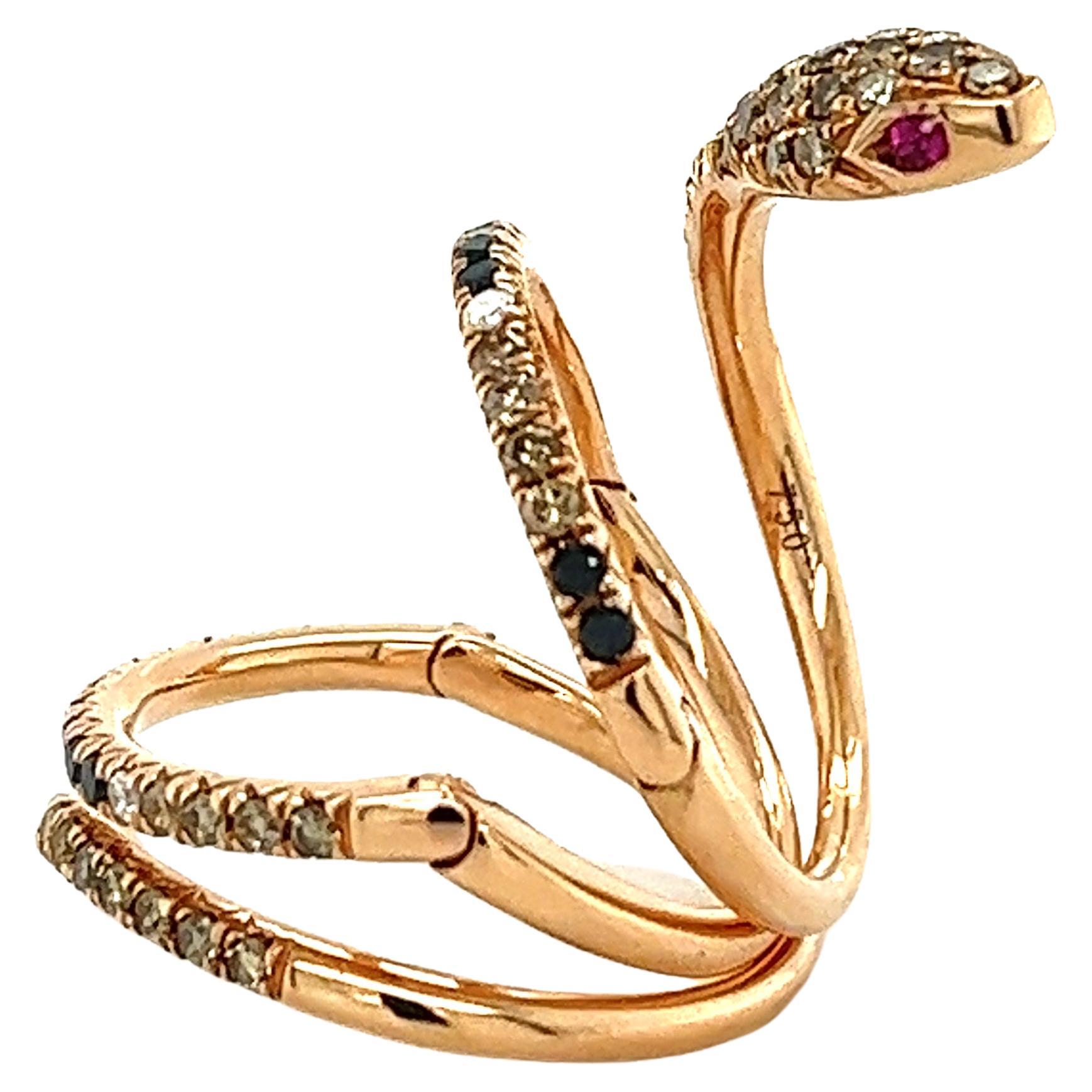 18k Rose Gold Black Diamonds & Brown Diamonds Snake Ring For Sale