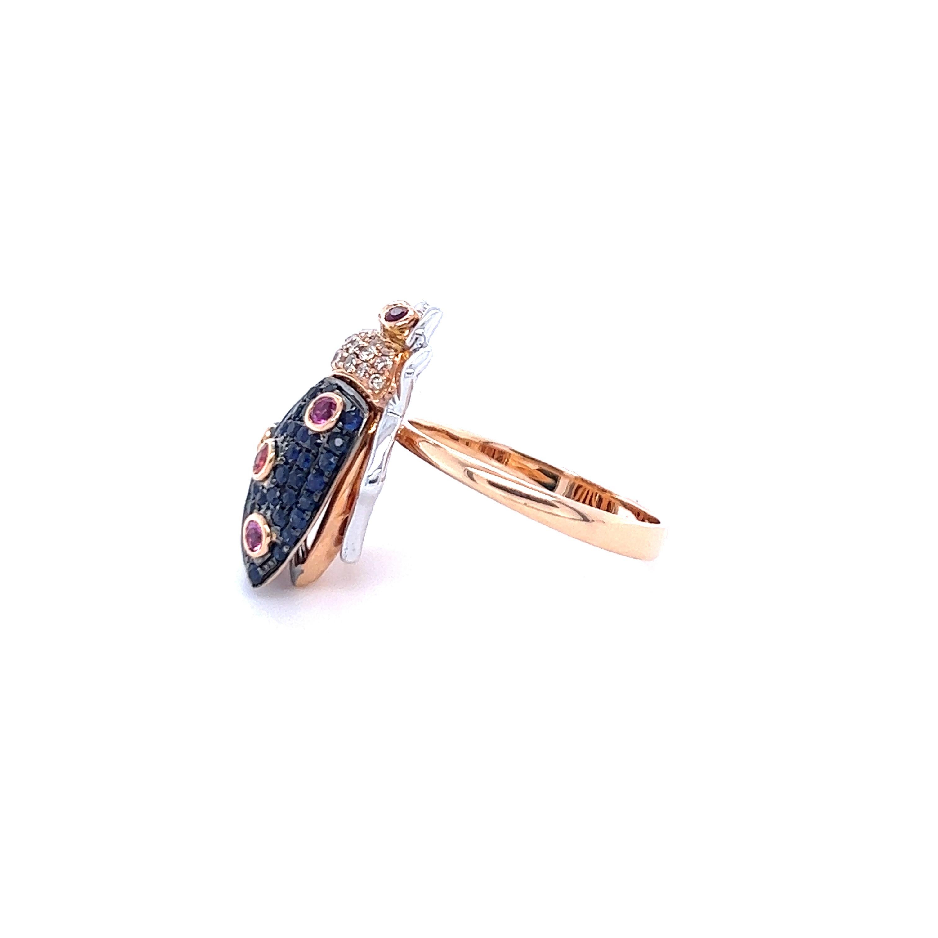 Round Cut 18 K Rose Gold Brown Diamonds & Blue Sapphires Ladybug Ring For Sale