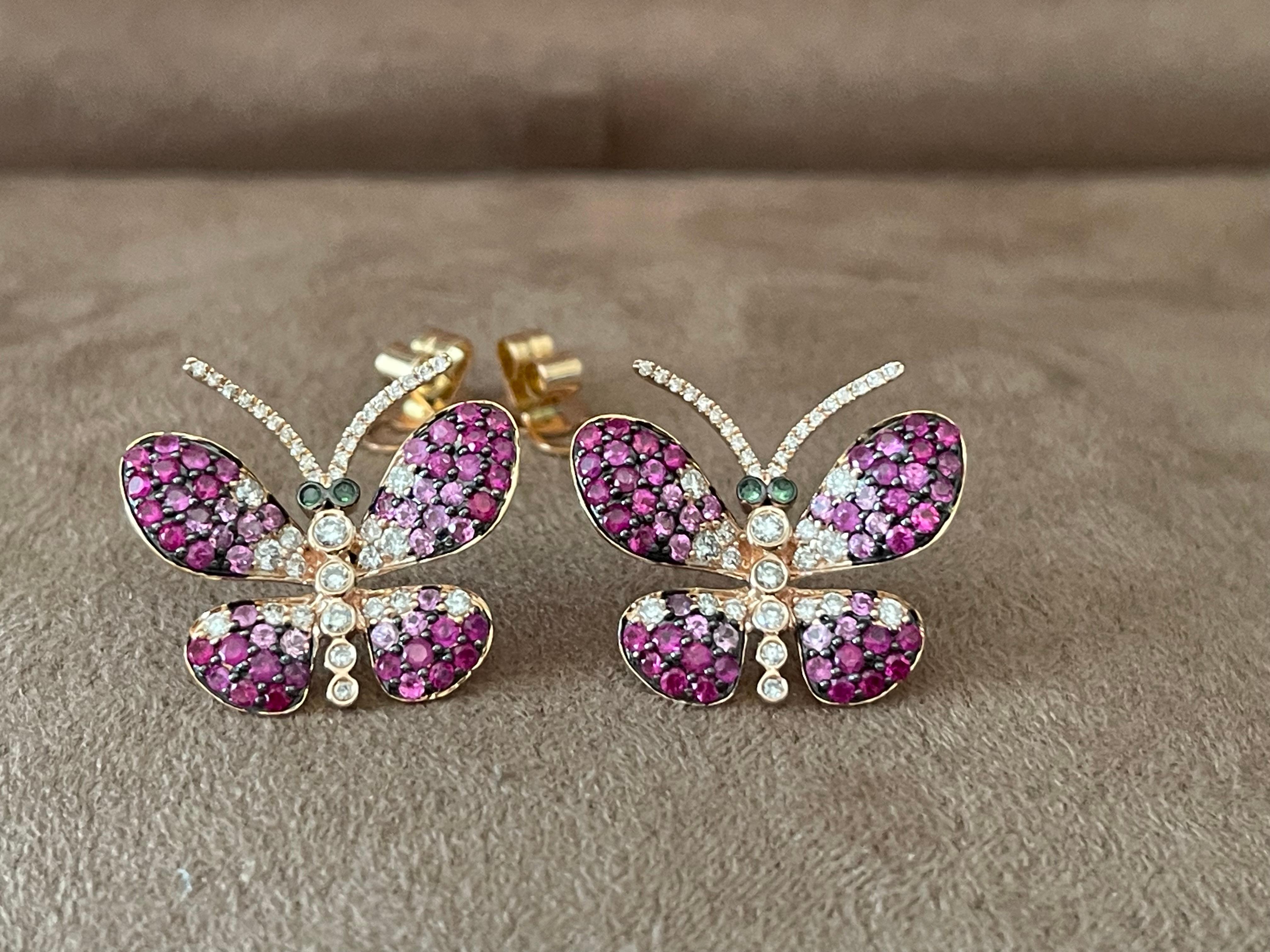Boucles d'oreilles papillon en or rose 18 carats, saphir rose, rubis, diamant et tsavorite Neuf - En vente à Zurich, Zollstrasse