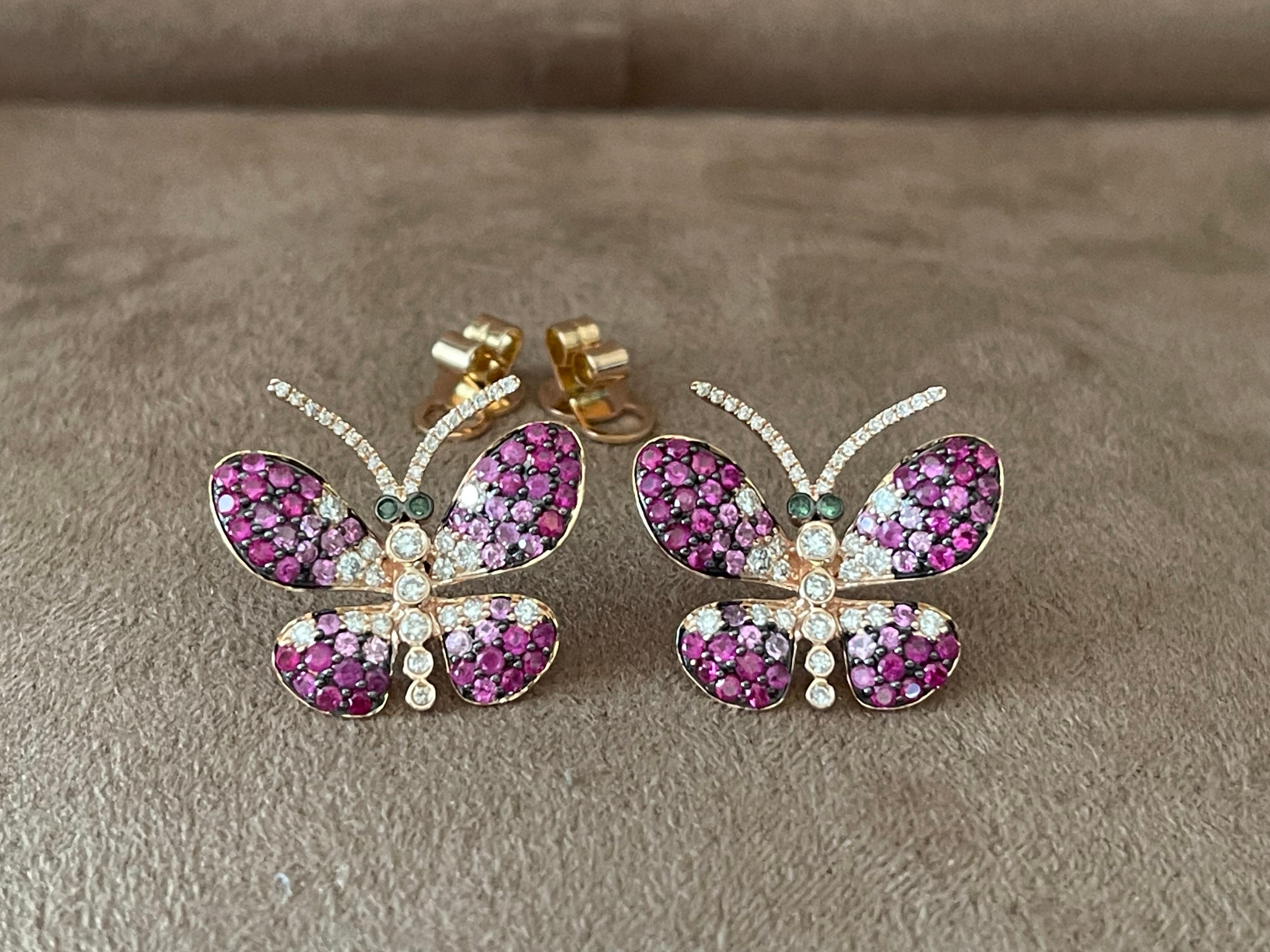 Boucles d'oreilles papillon en or rose 18 carats, saphir rose, rubis, diamant et tsavorite Pour femmes en vente