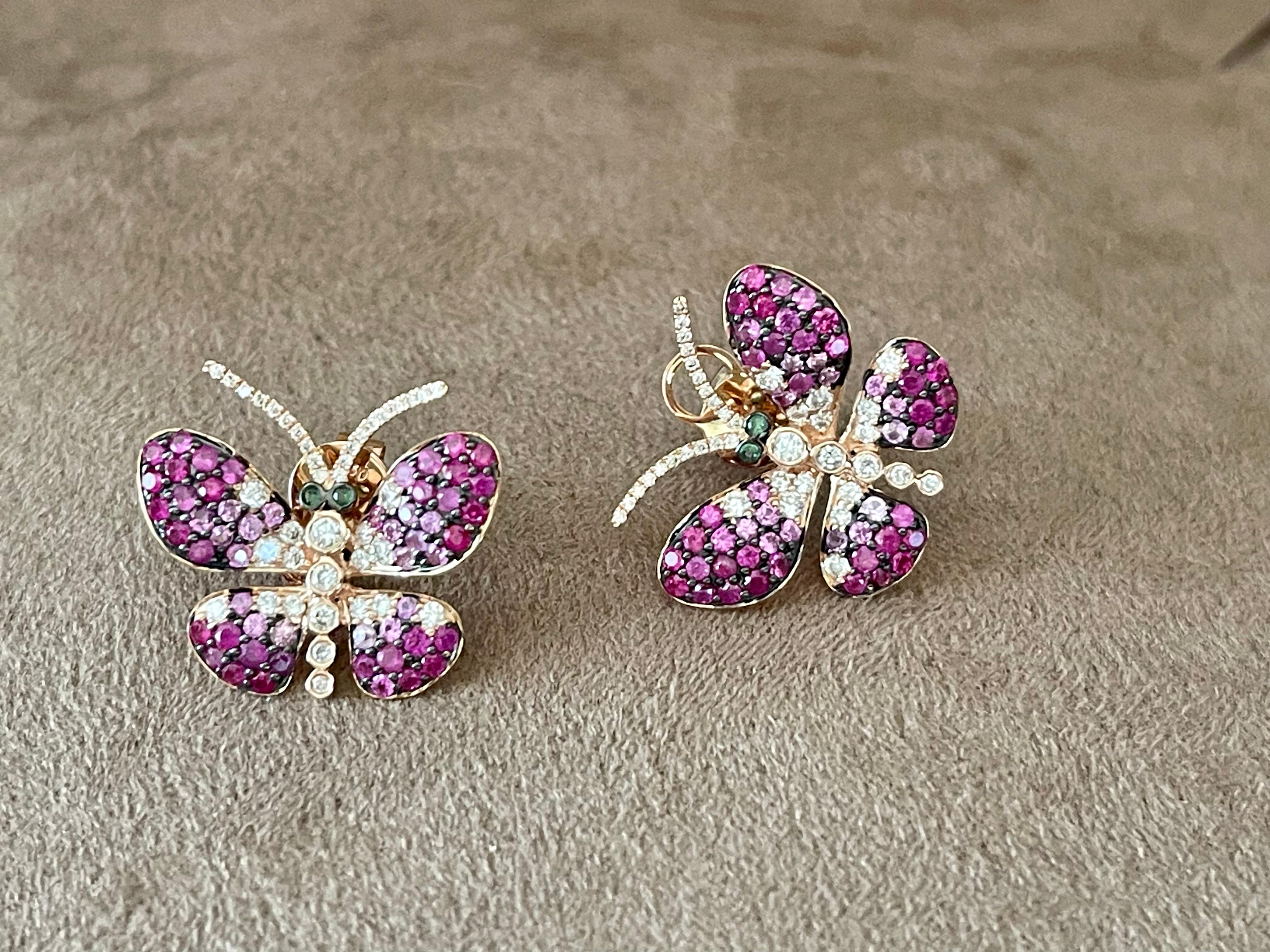 Boucles d'oreilles papillon en or rose 18 carats, saphir rose, rubis, diamant et tsavorite en vente 2