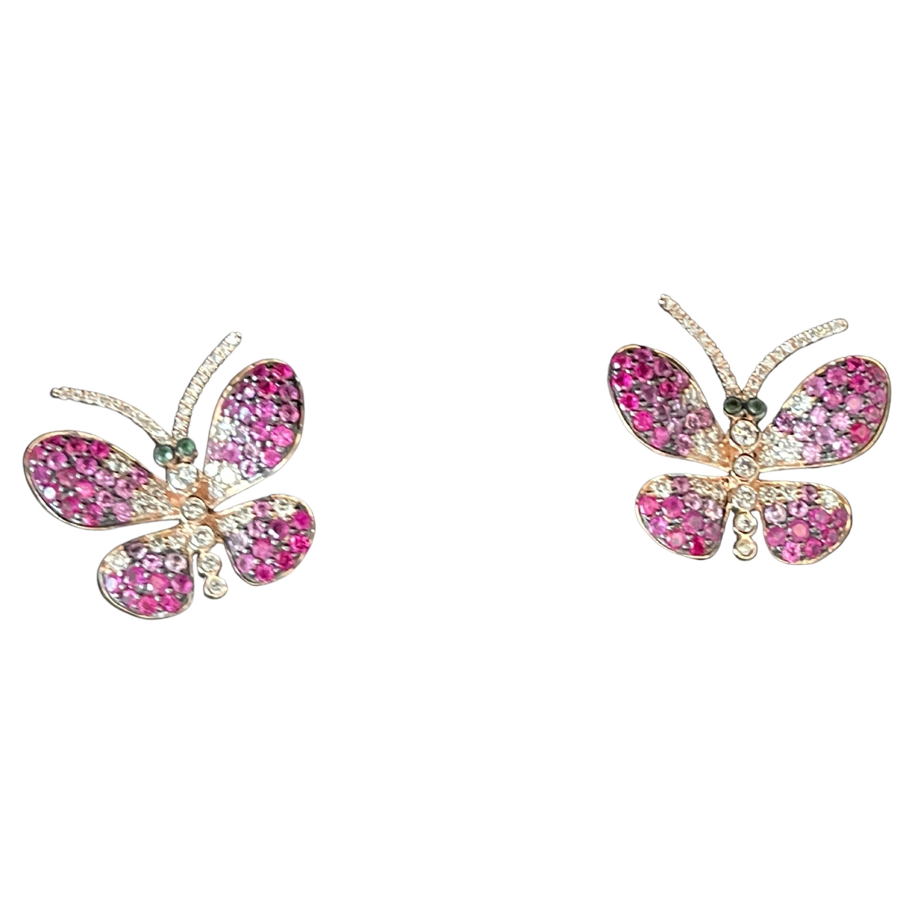 Boucles d'oreilles papillon en or rose 18 carats, saphir rose, rubis, diamant et tsavorite