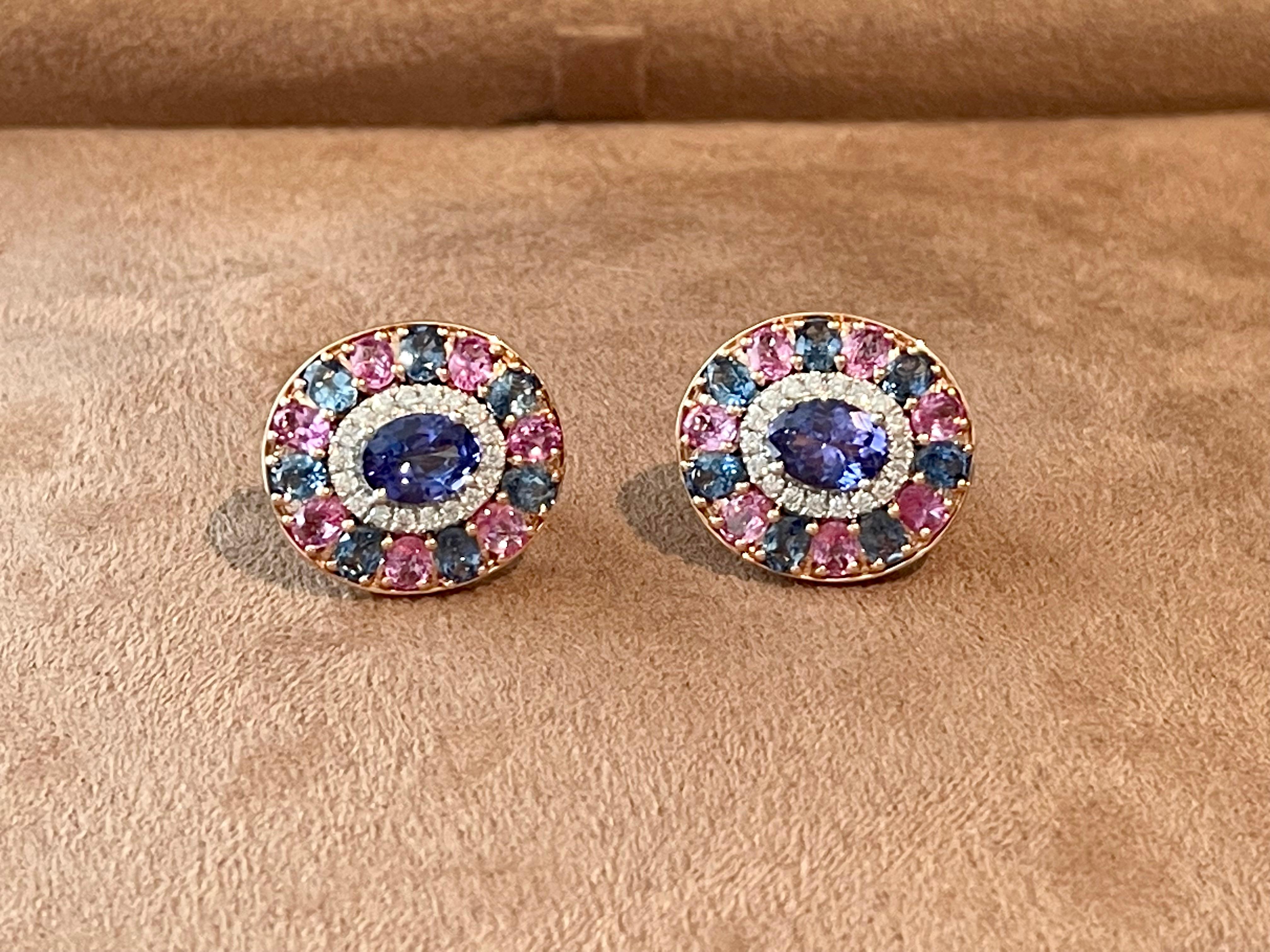 18k Rose Gold Cluster Earrings Tanzanite Pink Sappire Blue Sapphire Diamond For Sale 3