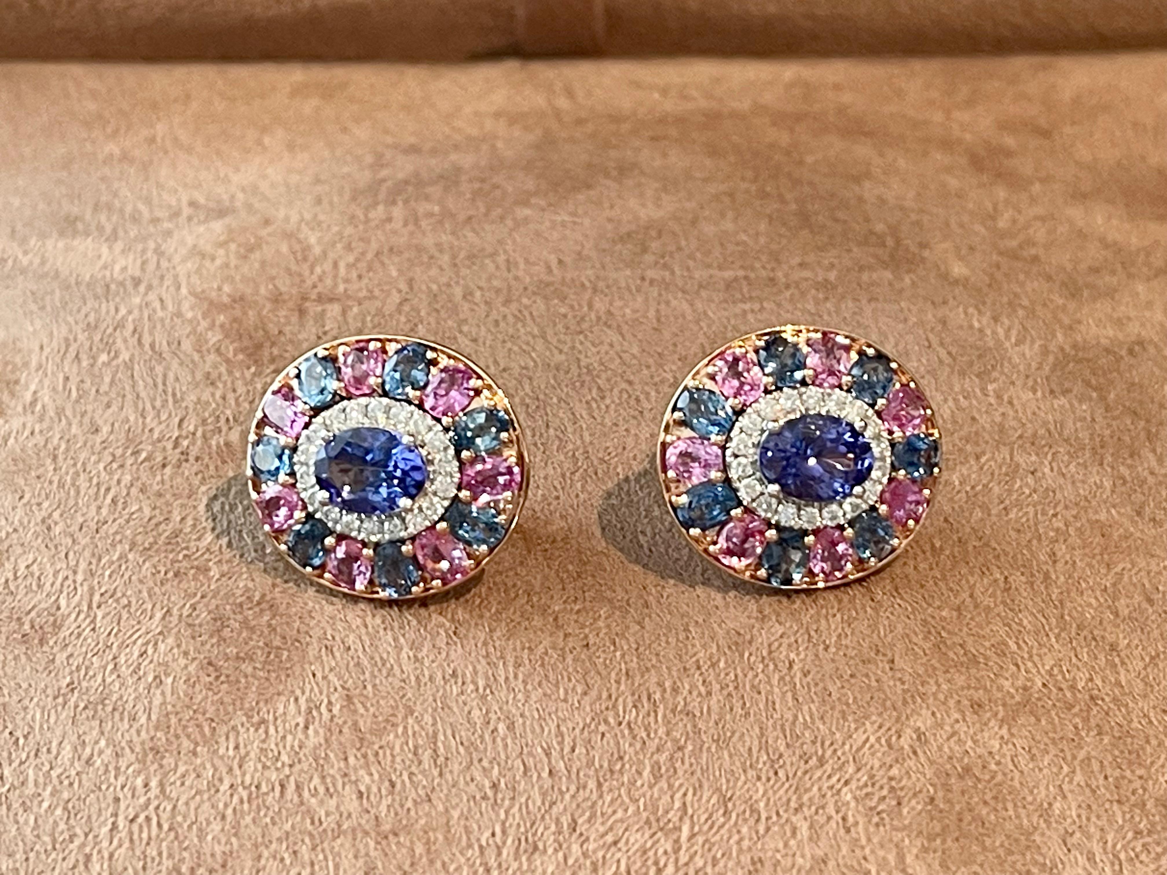 18 Karat Roségold Cluster-Ohrringe Tansanit Rosa Saphir Blauer Saphir Diamant im Angebot 5
