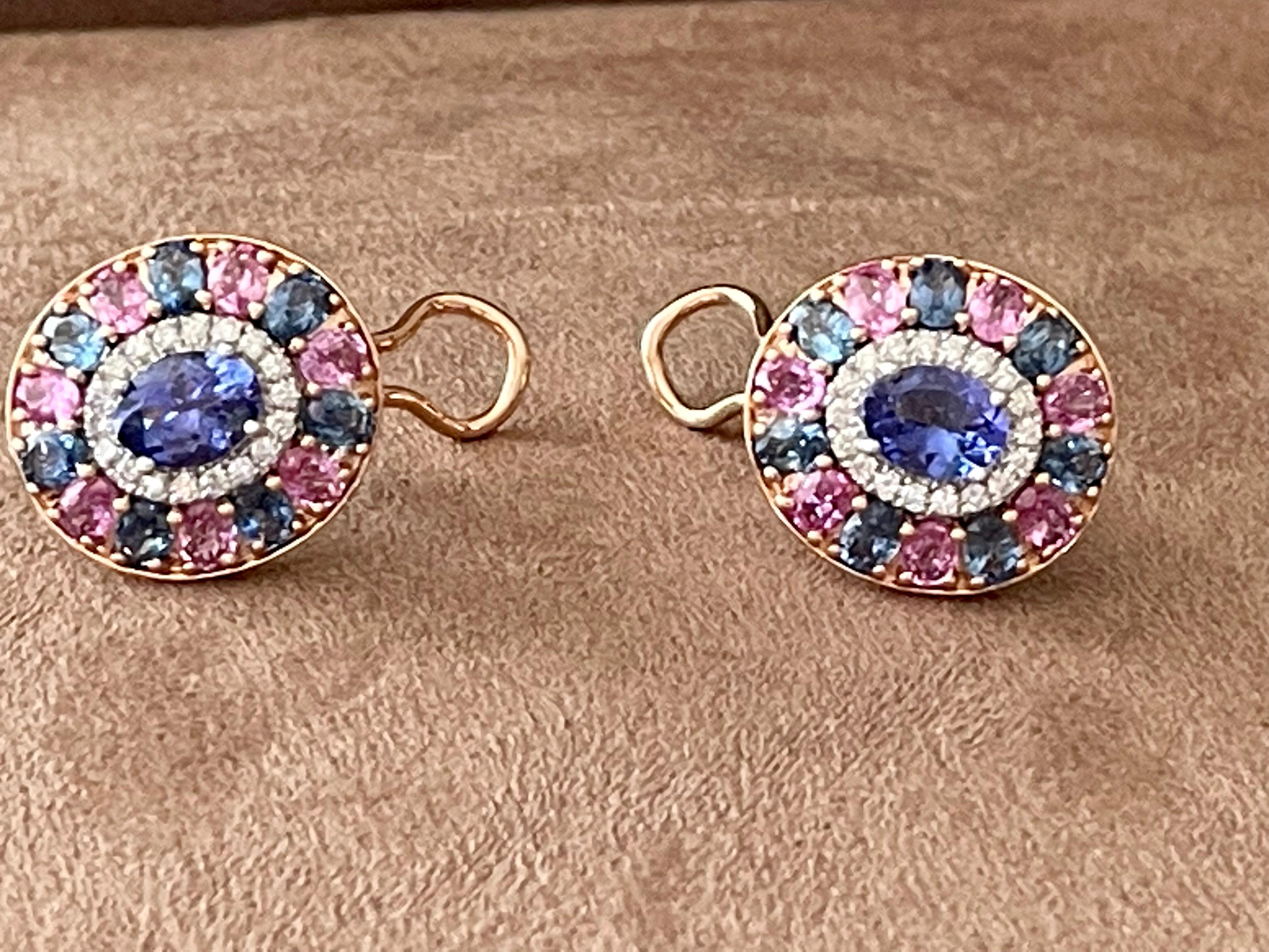 Contemporary 18k Rose Gold Cluster Earrings Tanzanite Pink Sappire Blue Sapphire Diamond For Sale
