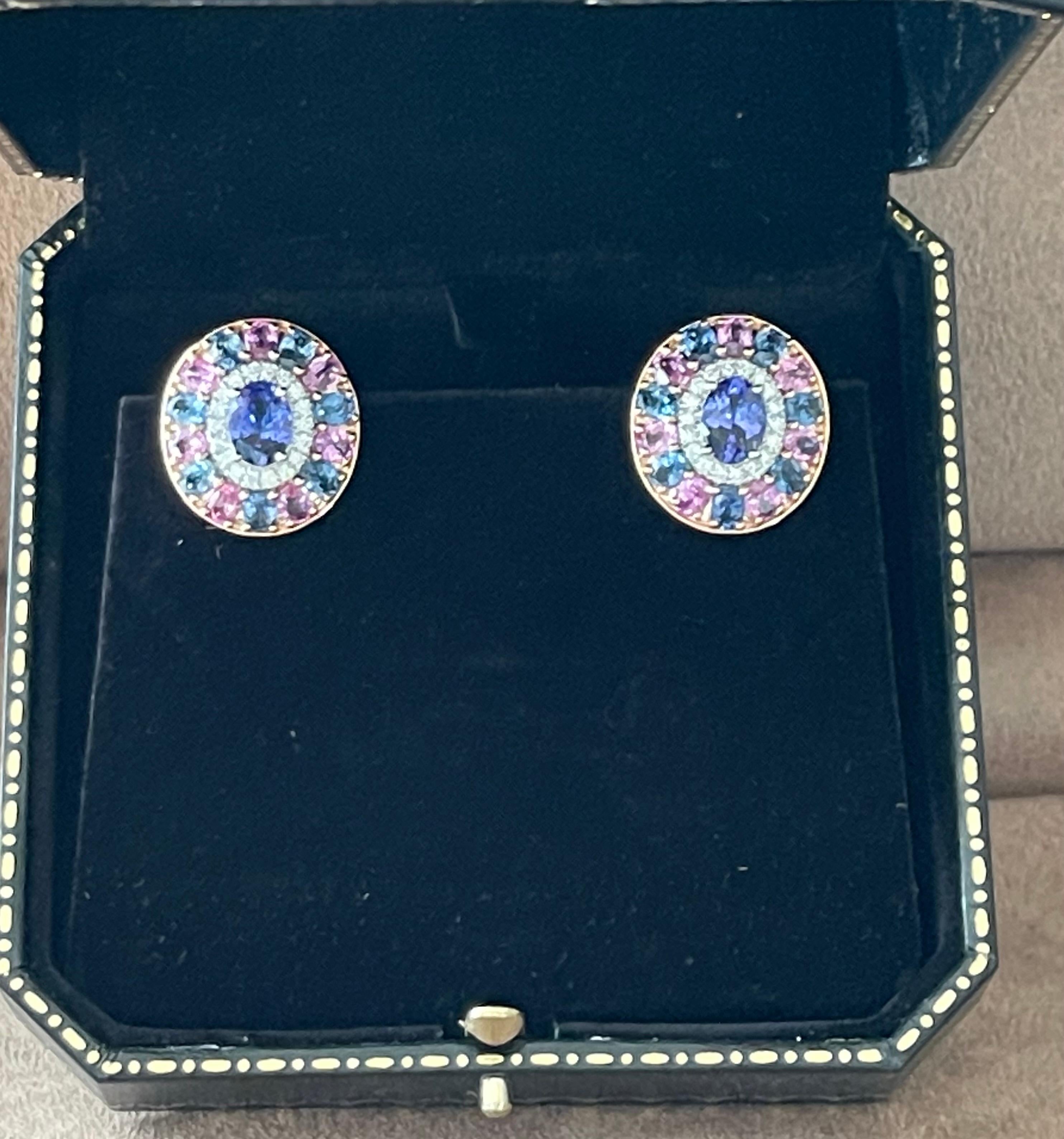 Oval Cut 18k Rose Gold Cluster Earrings Tanzanite Pink Sappire Blue Sapphire Diamond For Sale