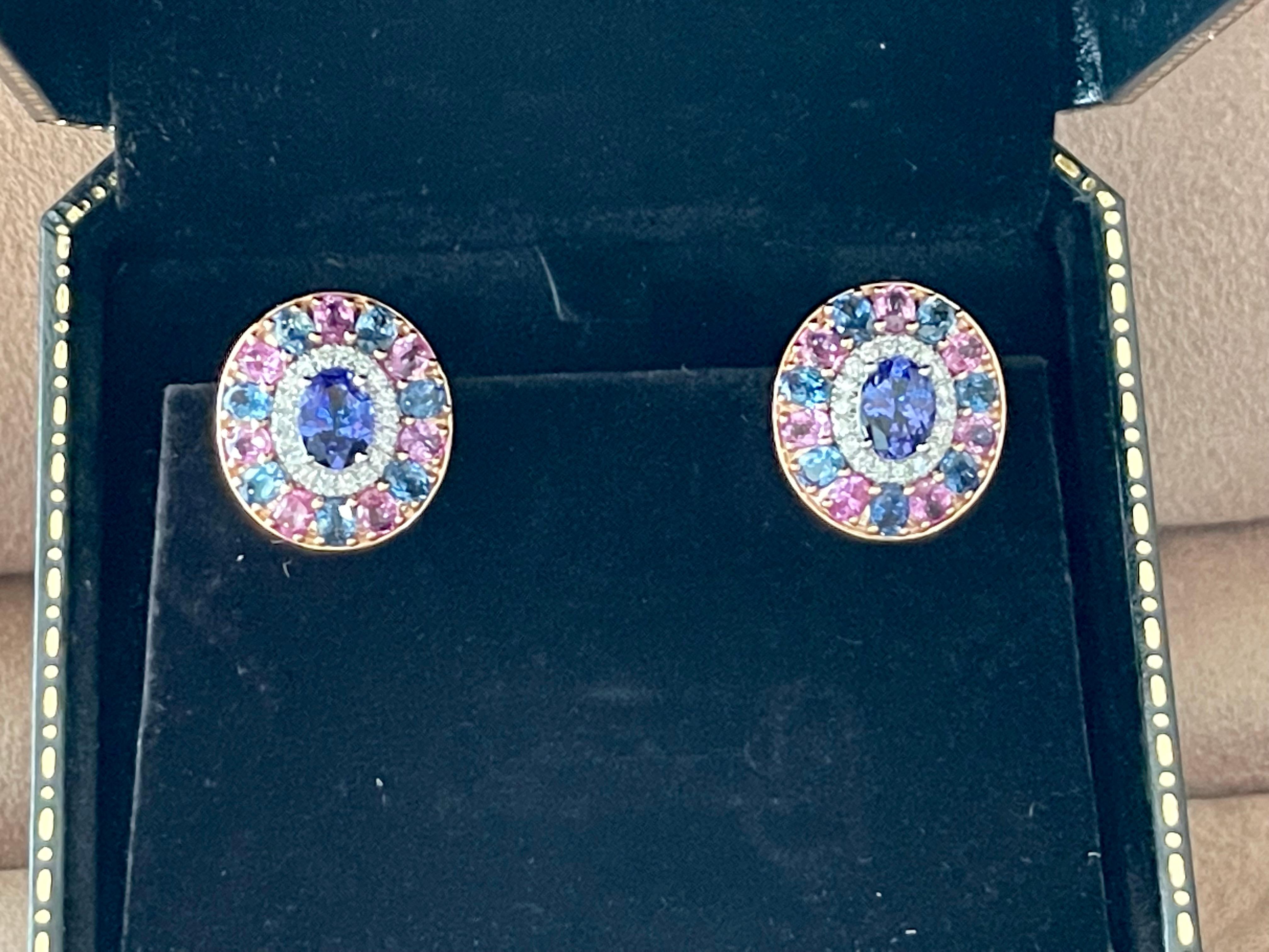 18 Karat Roségold Cluster-Ohrringe Tansanit Rosa Saphir Blauer Saphir Diamant für Damen oder Herren im Angebot