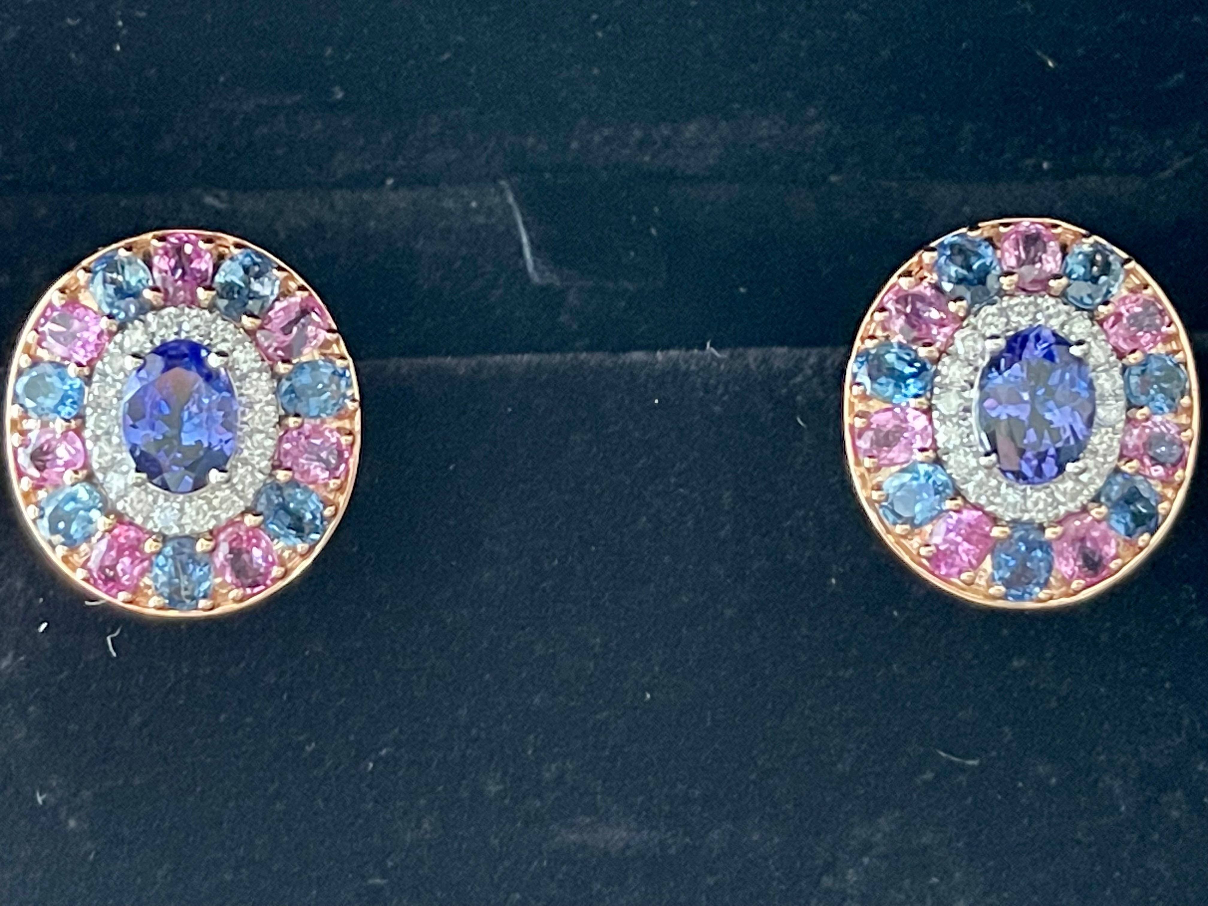 Women's or Men's 18k Rose Gold Cluster Earrings Tanzanite Pink Sappire Blue Sapphire Diamond For Sale