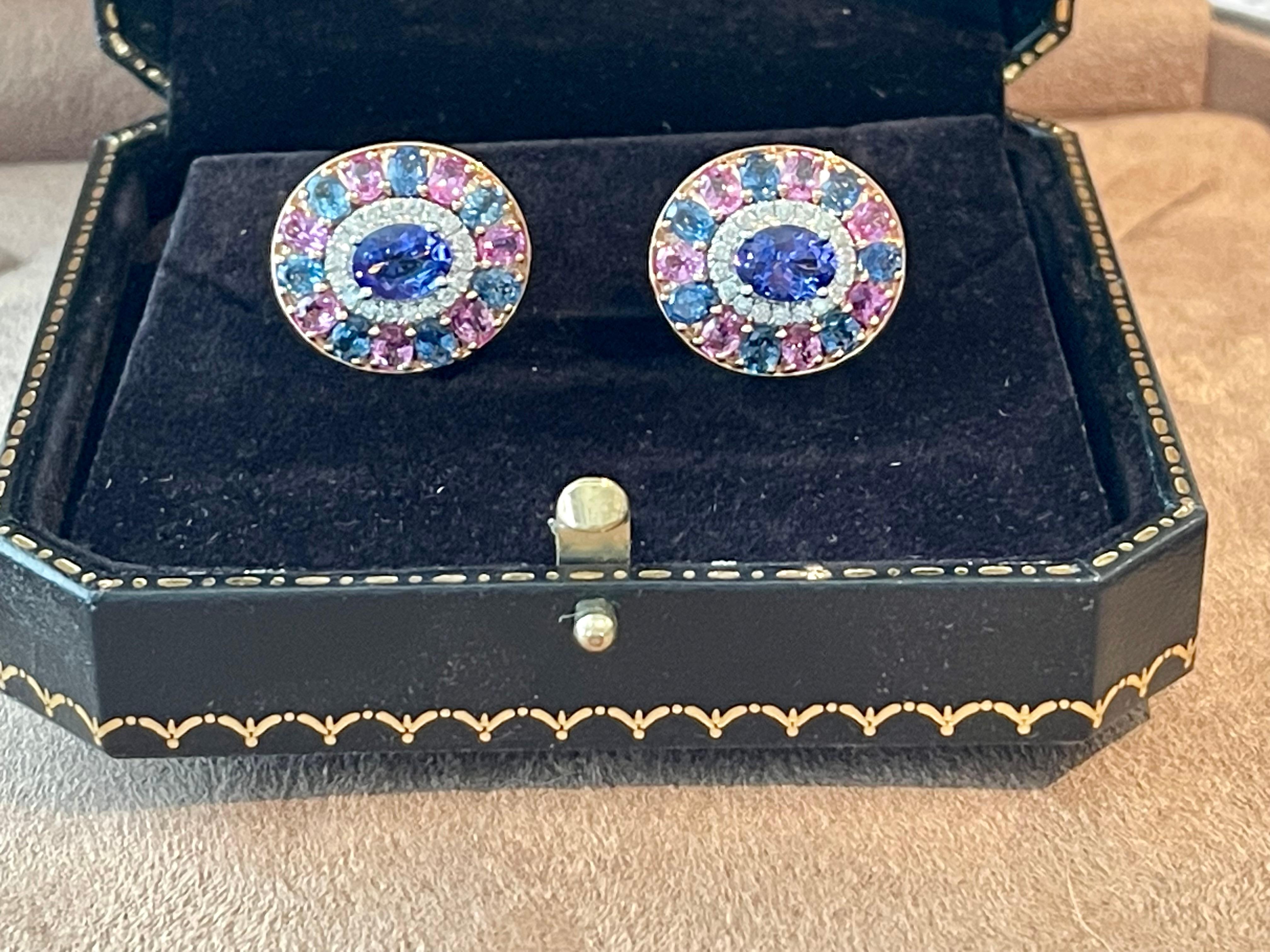18 Karat Roségold Cluster-Ohrringe Tansanit Rosa Saphir Blauer Saphir Diamant im Angebot 3