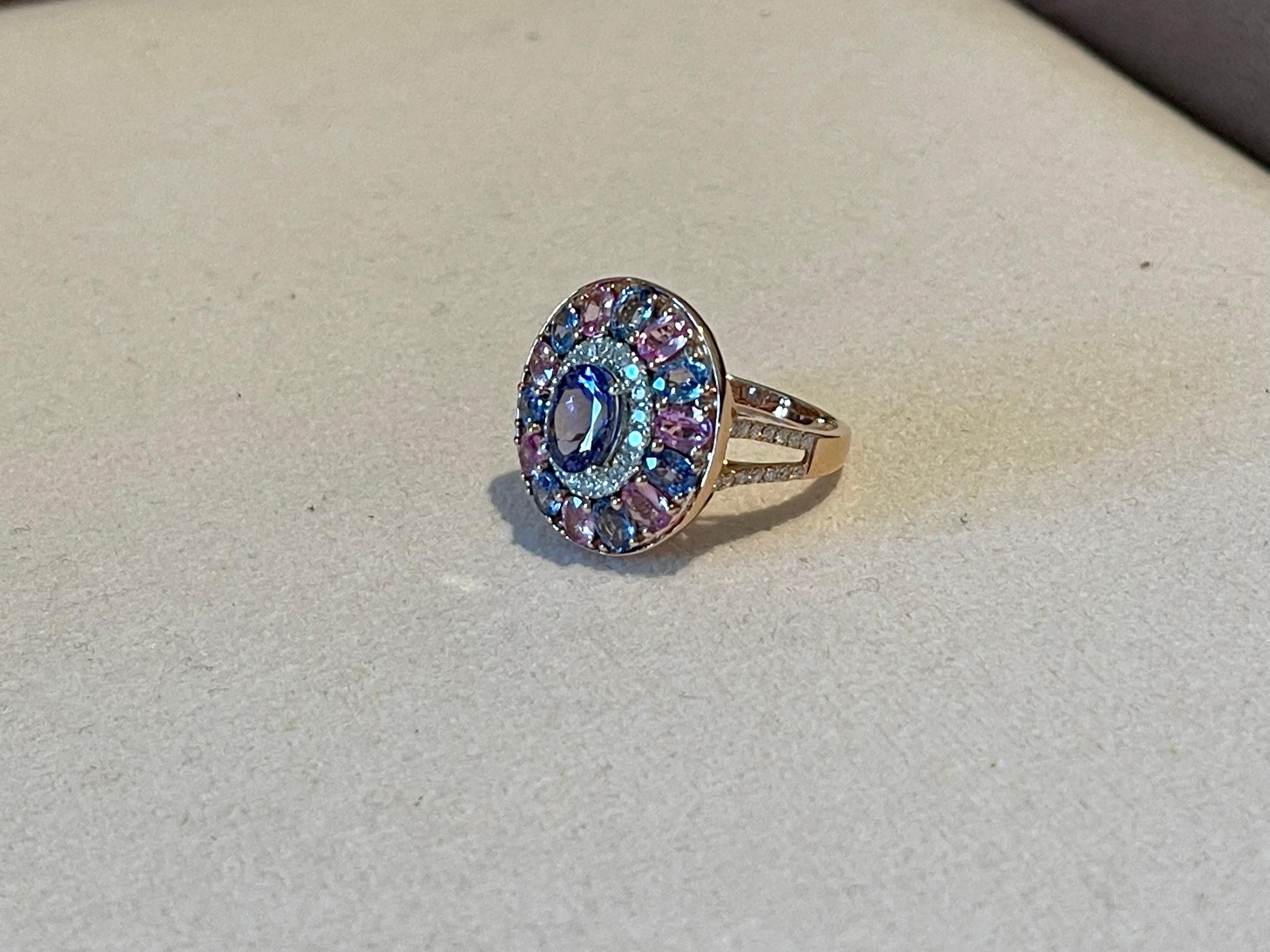 18 K  Rose Gold Cluster Ring Tanzanite Pink Sappire Blue Sapphire Diamond For Sale 4