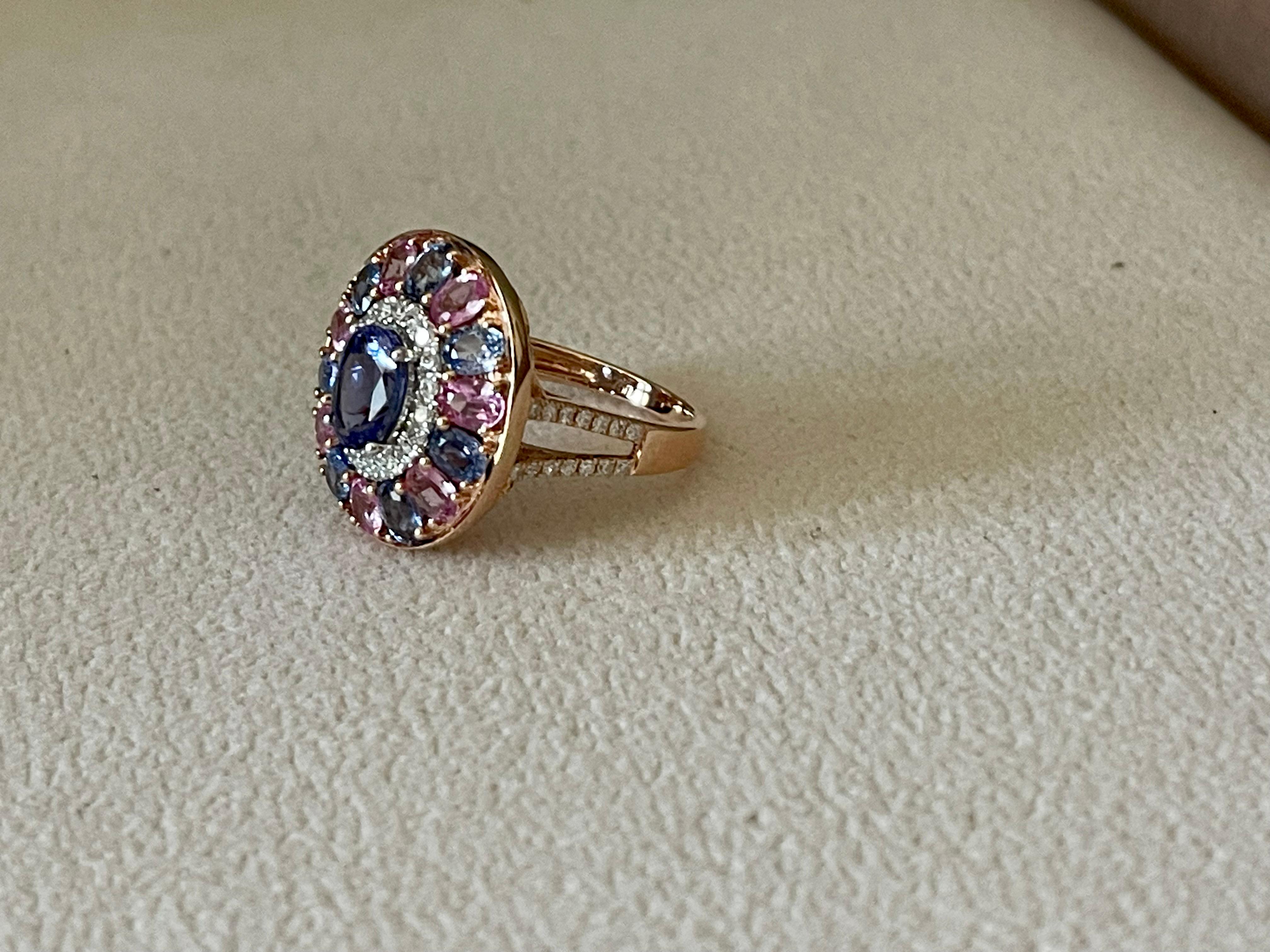 18 K  Rose Gold Cluster Ring Tanzanite Pink Sappire Blue Sapphire Diamond For Sale 5