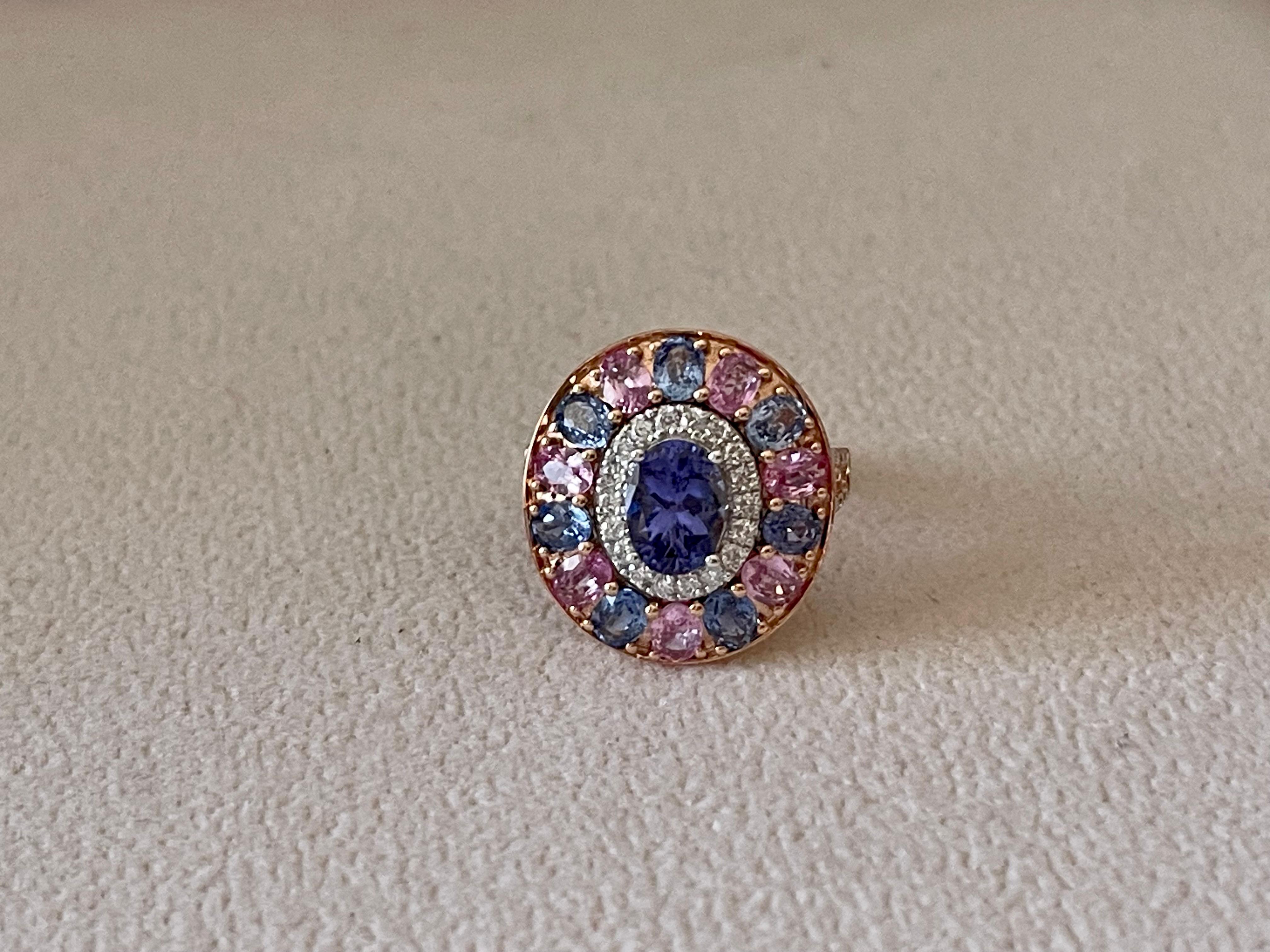 18 K  Rose Gold Cluster Ring Tanzanite Pink Sappire Blue Sapphire Diamond For Sale 6