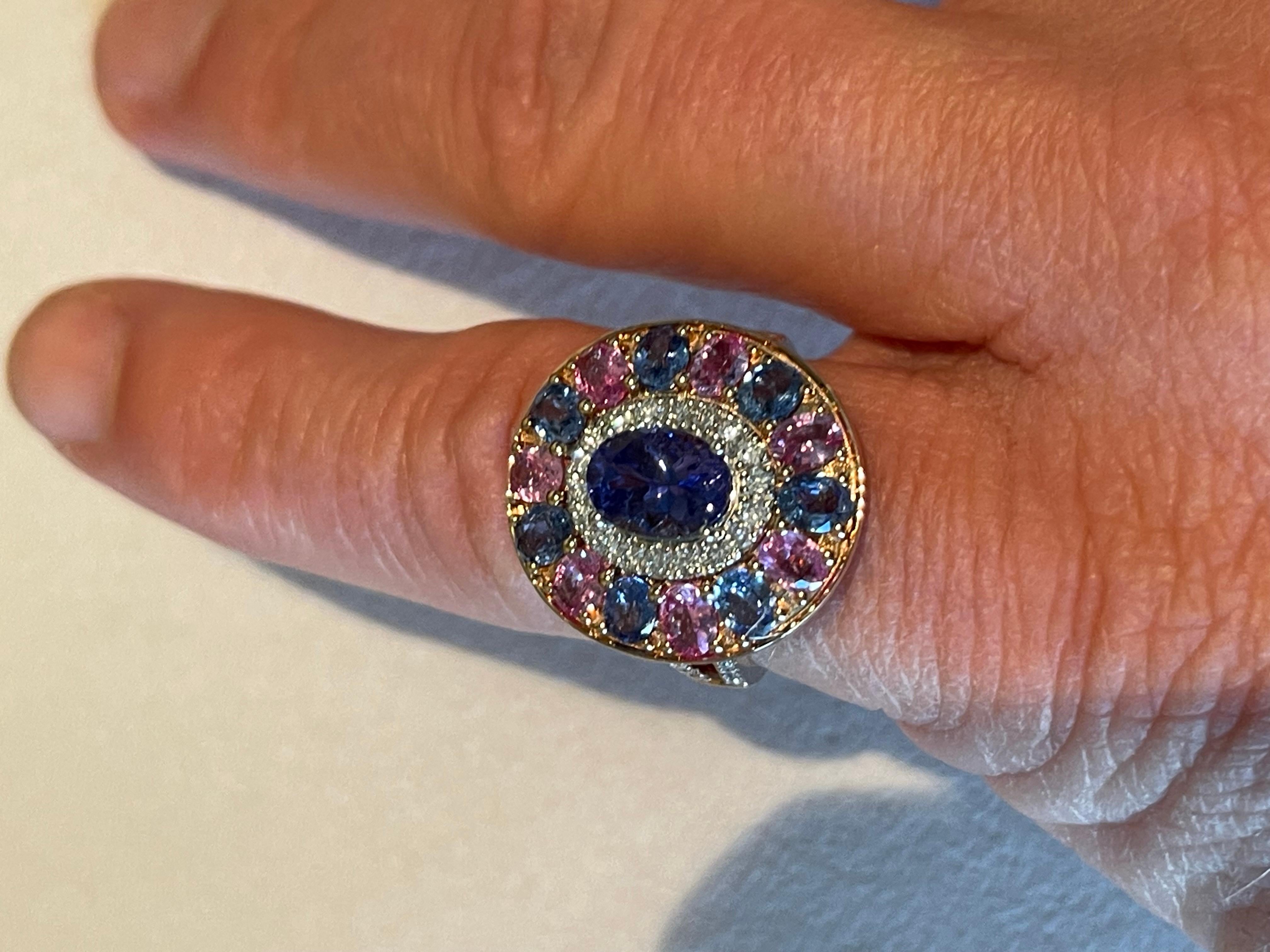 Contemporary 18 K  Rose Gold Cluster Ring Tanzanite Pink Sappire Blue Sapphire Diamond For Sale