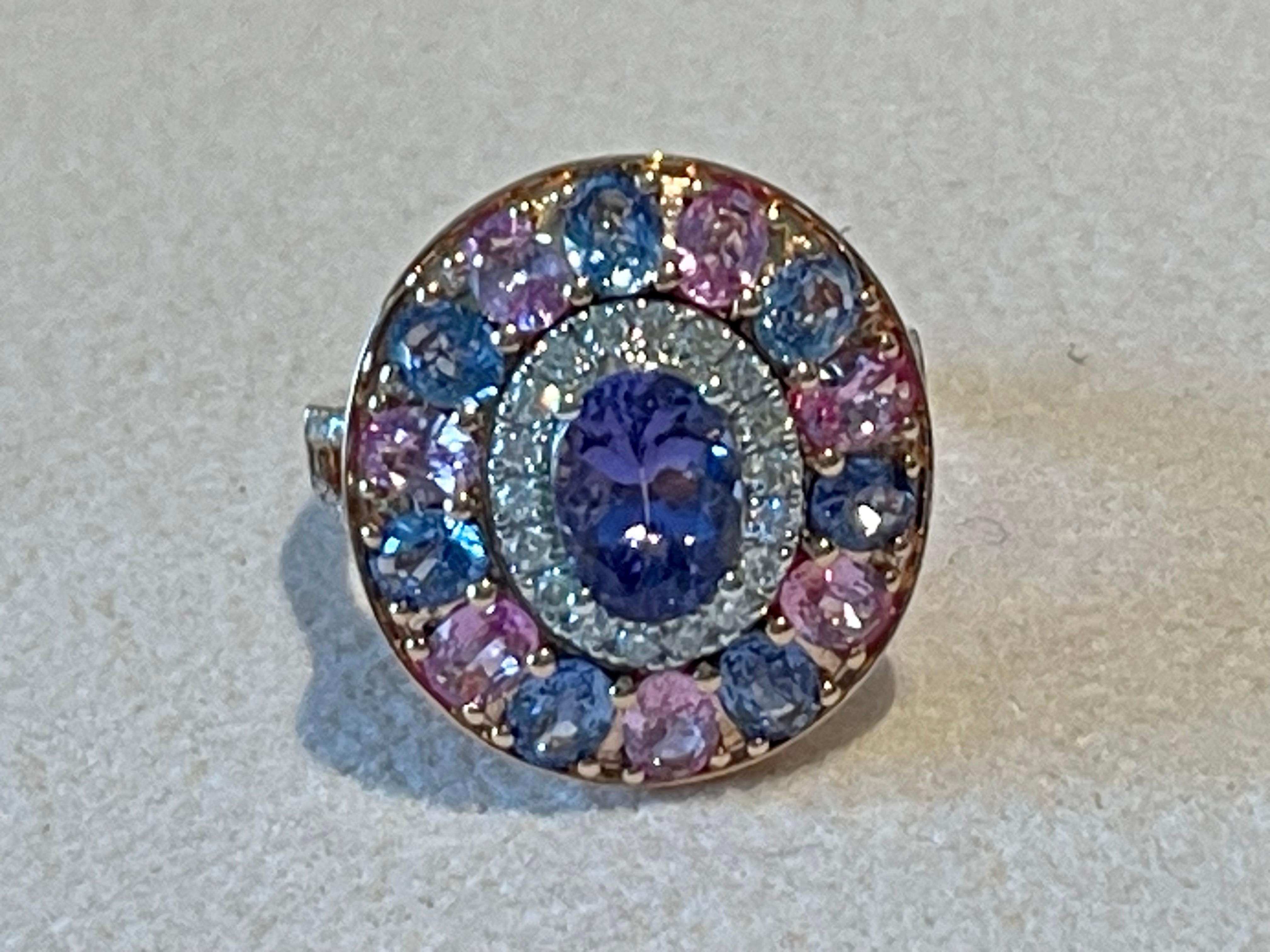 18 K  Rose Gold Cluster Ring Tanzanite Pink Sappire Blue Sapphire Diamond For Sale 1
