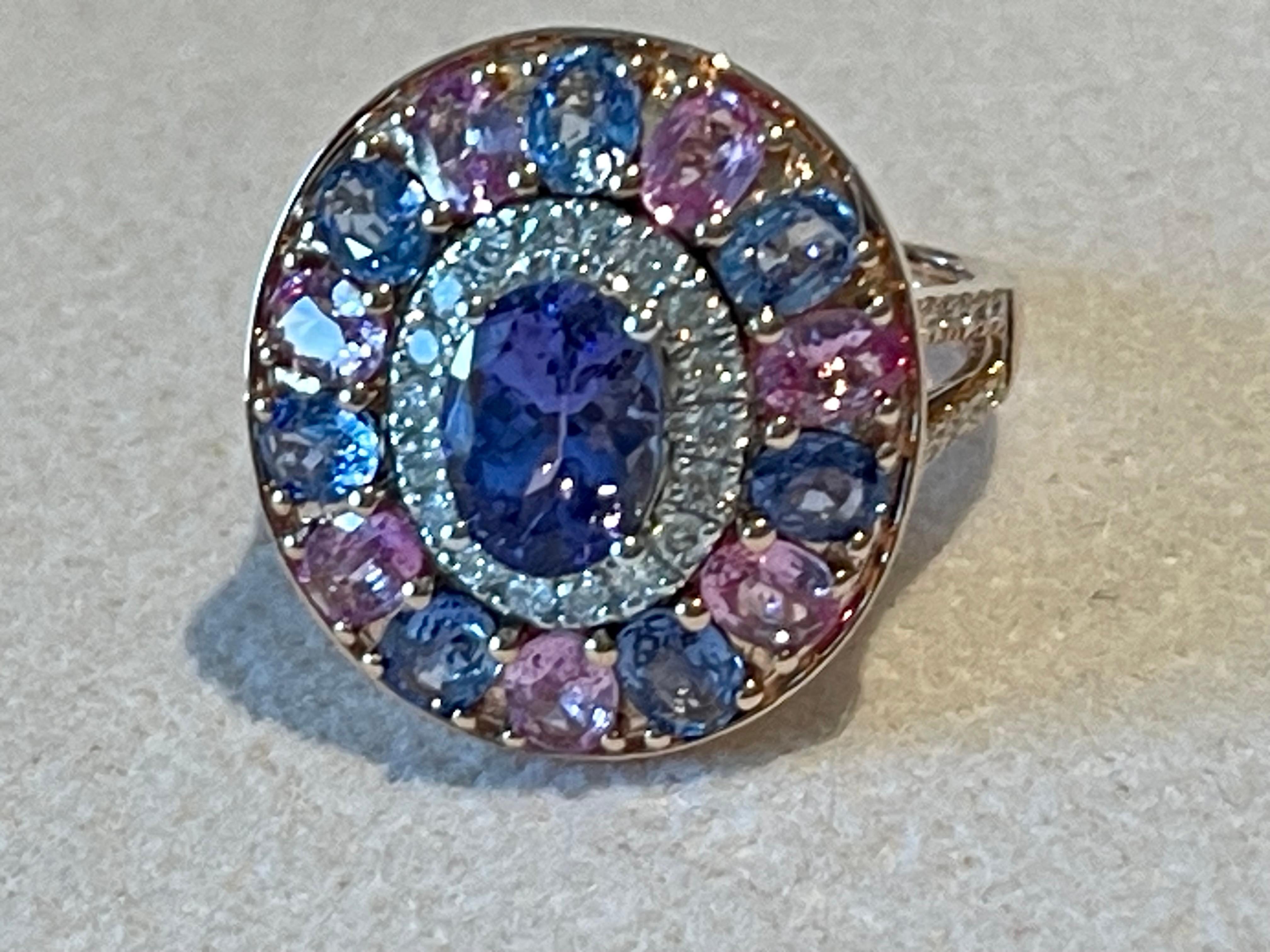 18 K  Rose Gold Cluster Ring Tanzanite Pink Sappire Blue Sapphire Diamond For Sale 2
